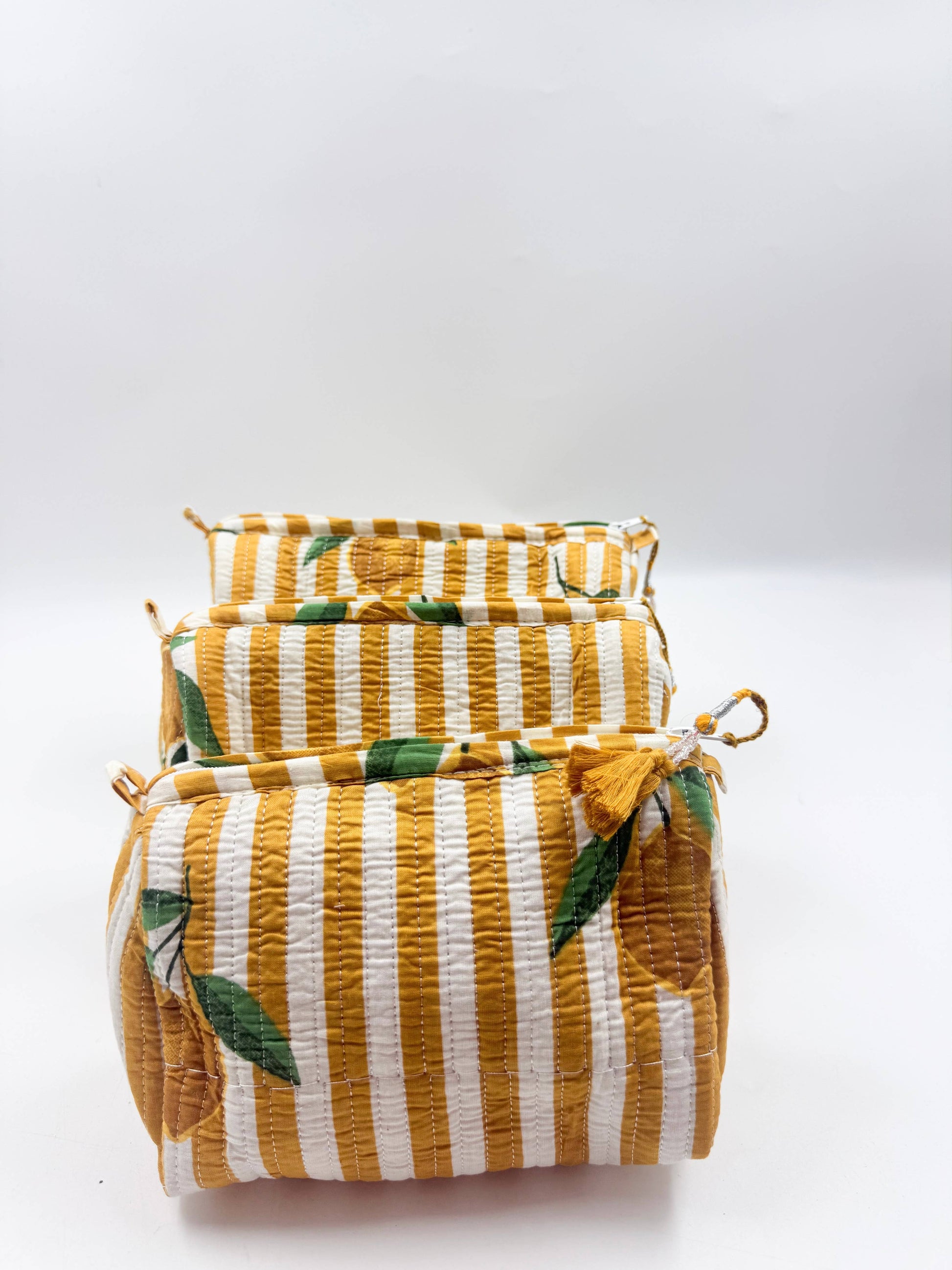 Set of Three Quilted Wash Bags with Lemon Stripe Print