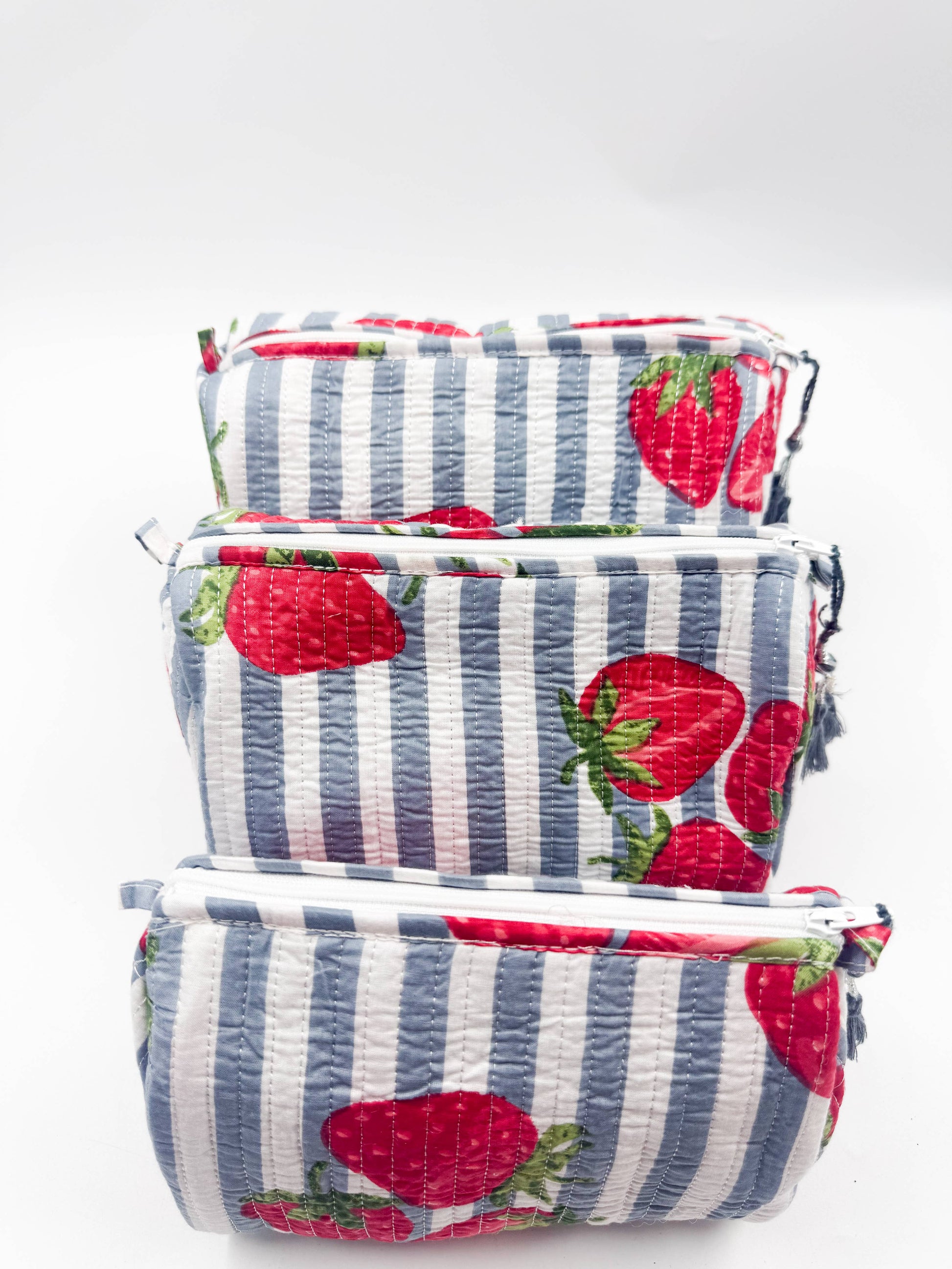 Set of Three Quilted Wash Bags with Blue Stripe Strawberry Print