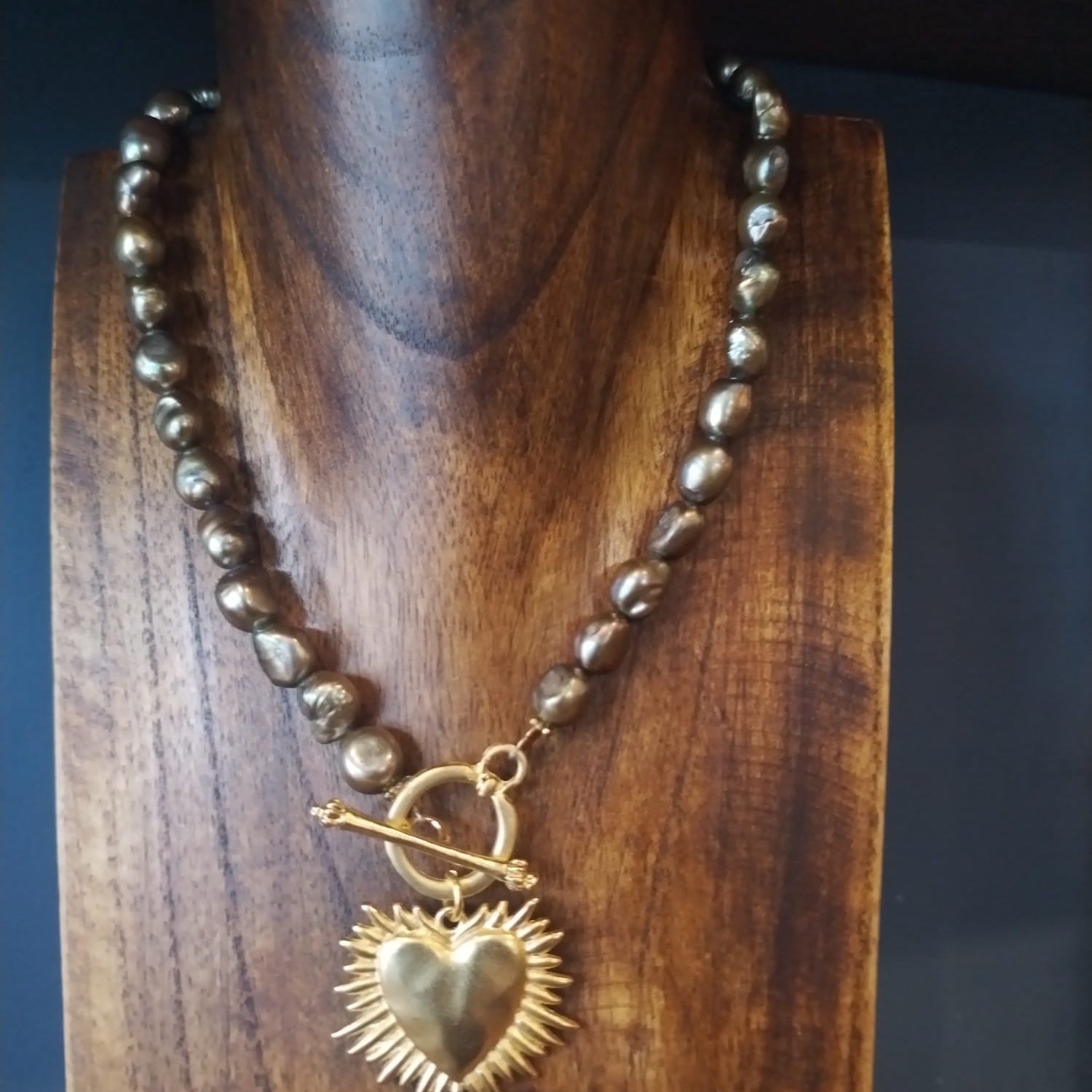 Olive Green Freshwater Pearl And Gold Blazing Heart Charm Necklace