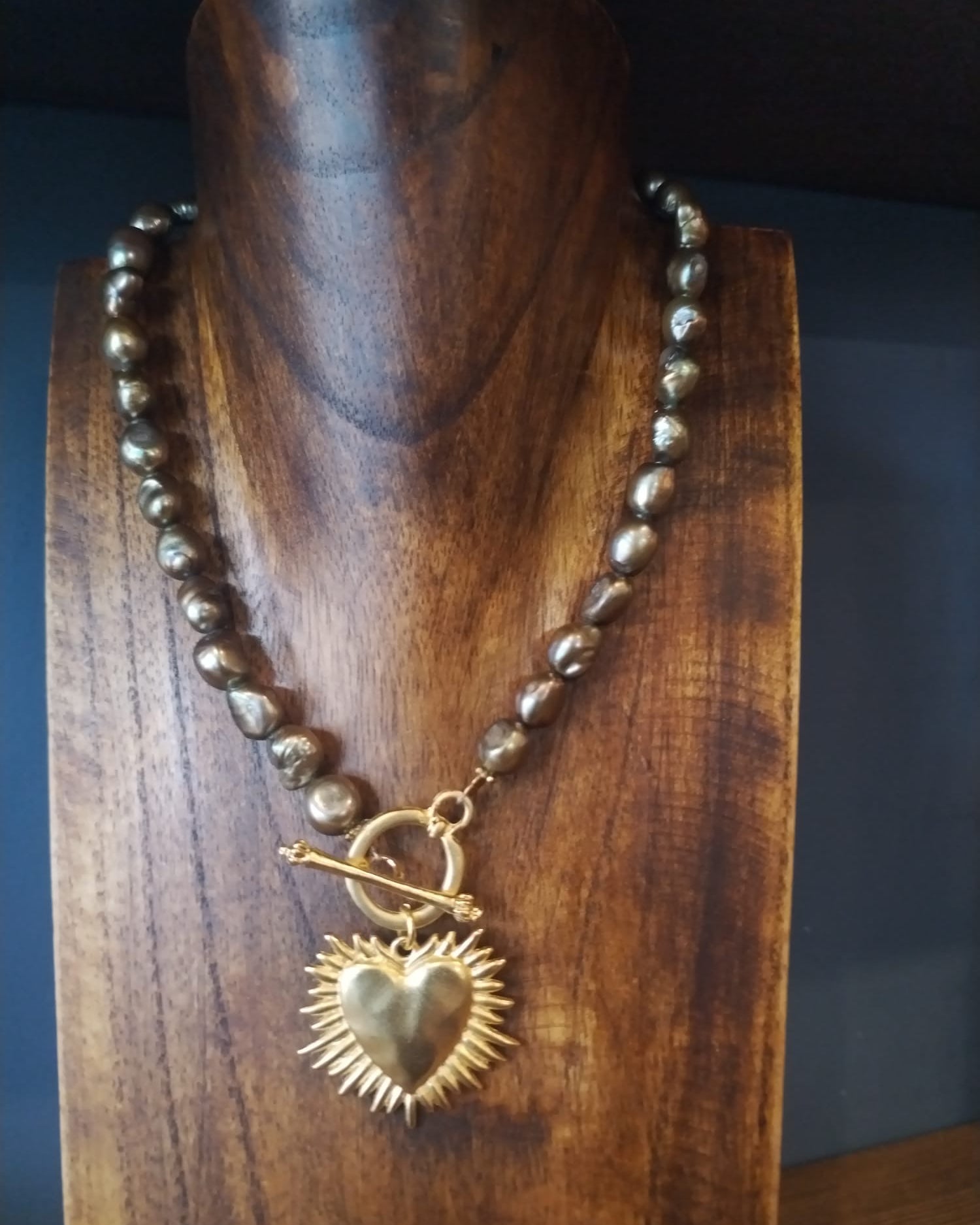 Olive Green Freshwater Pearl And Gold Blazing Heart Charm Necklace