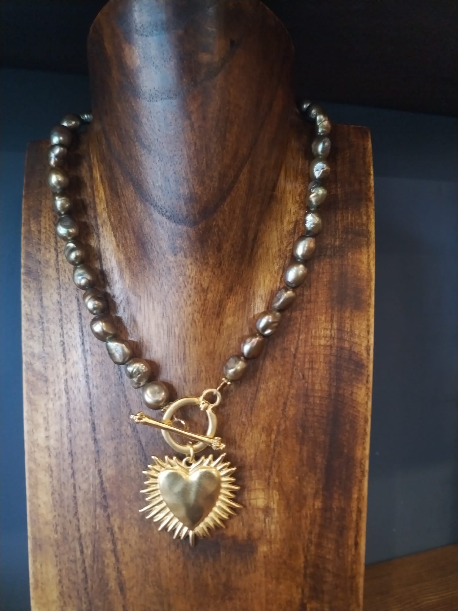 Olive Green Freshwater Pearl And Gold Blazing Heart Charm Necklace