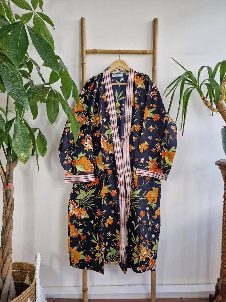 Plus Size Cotton Kimono Robe Black Orange Gardenia Bloom UK 18 24
