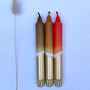 Three fishing float candles with different colors on a light blue background