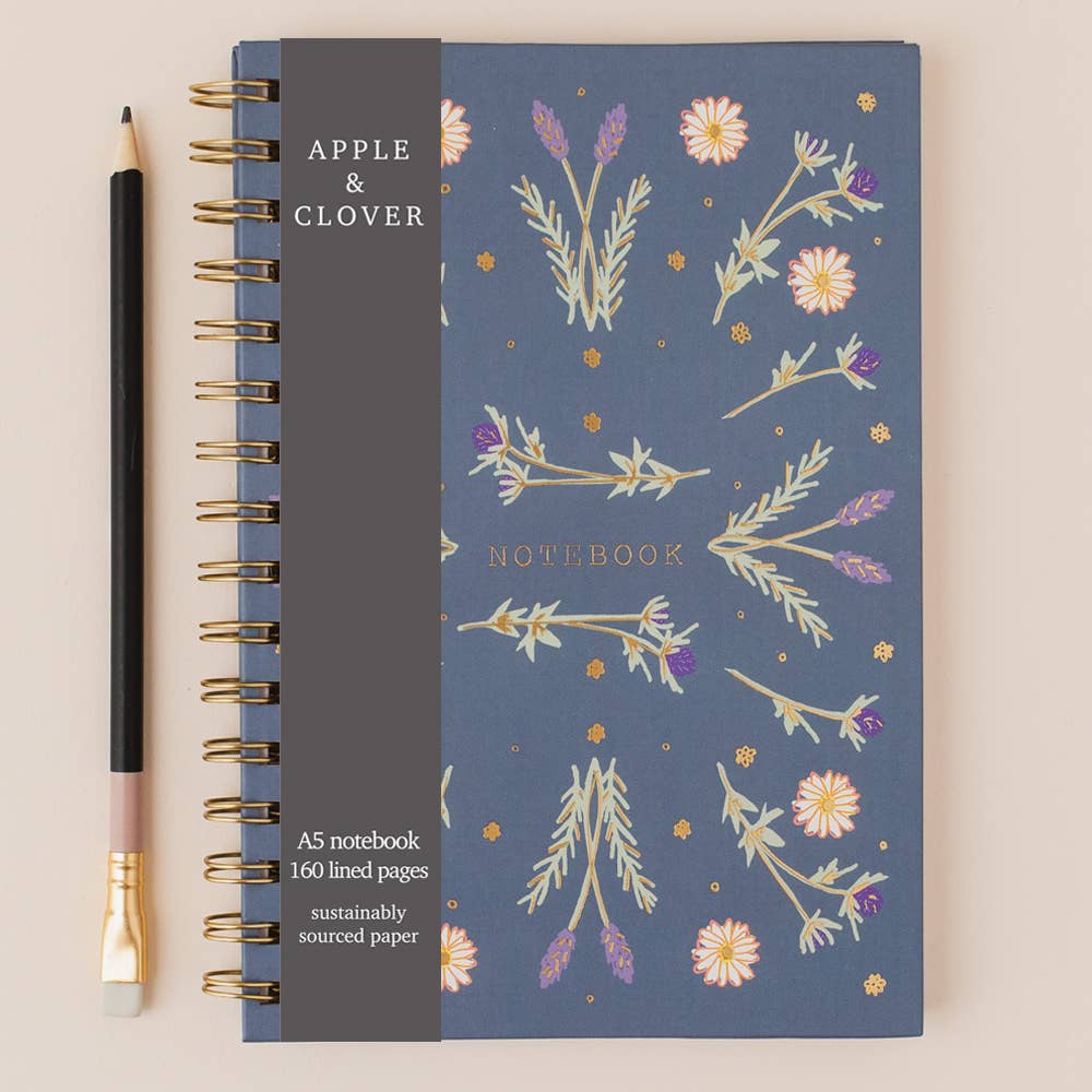 A5 Notebook Blue Floral Hardback Gold Foil
