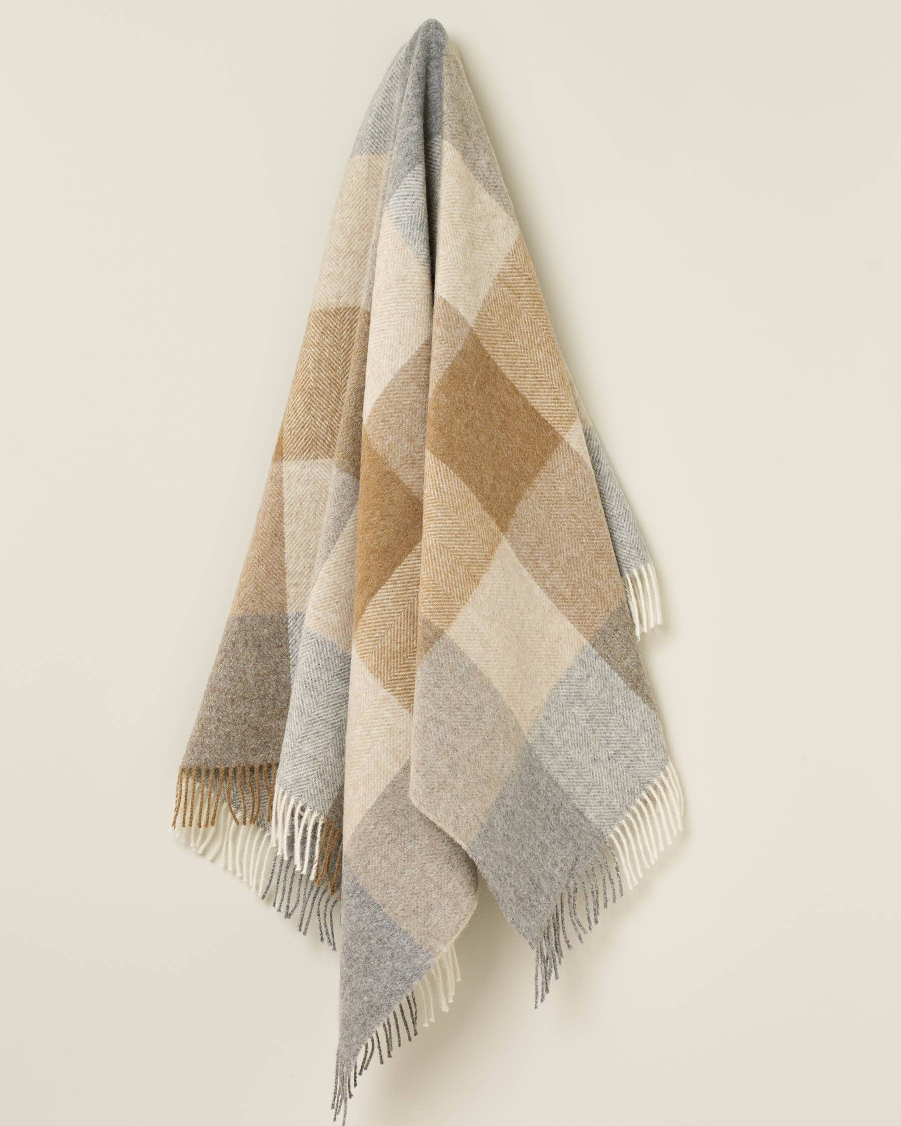 British Wool Block Check Throw: Silver/Pink