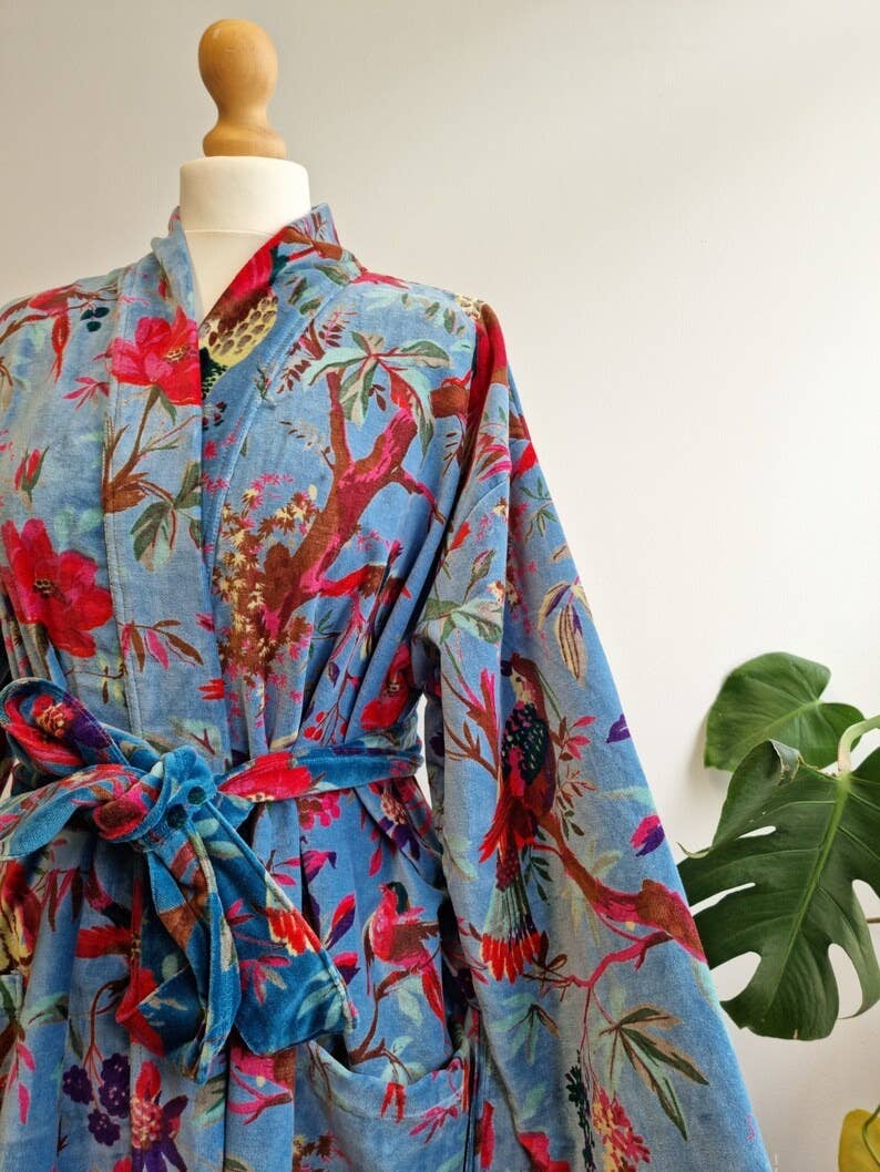 Luxury Velvet Robe  - iced Blue Birds
