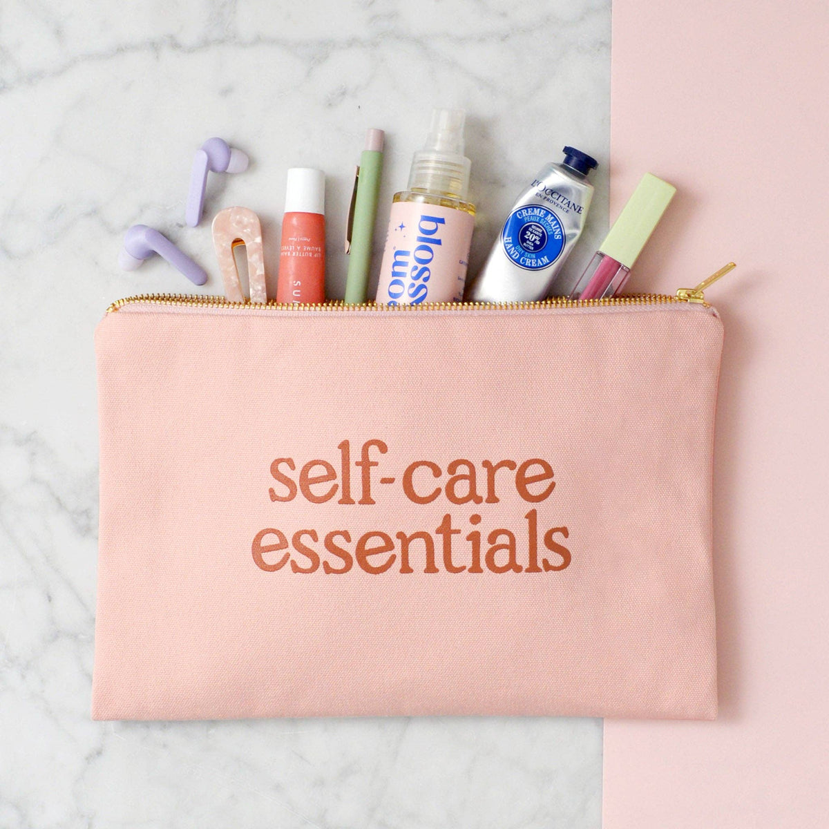 Self-Care Essentials Blush Pink Canvas Pouch