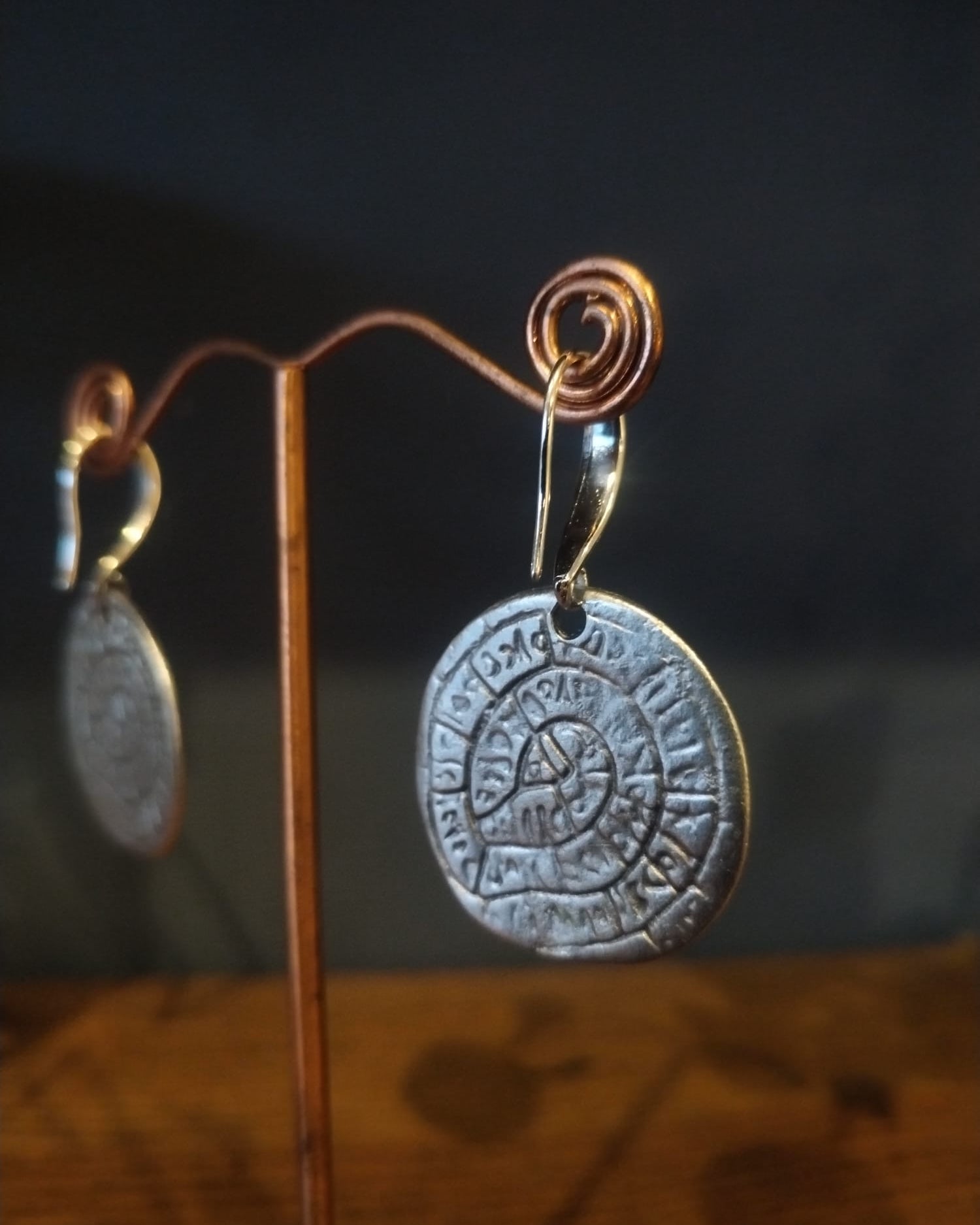 Silver Phaistos Disc Drop Earrings – Handmade in Bristol