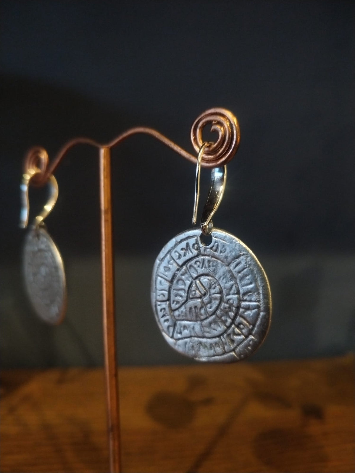 Silver Phaistos Disc Drop Earrings – Handmade in Bristol