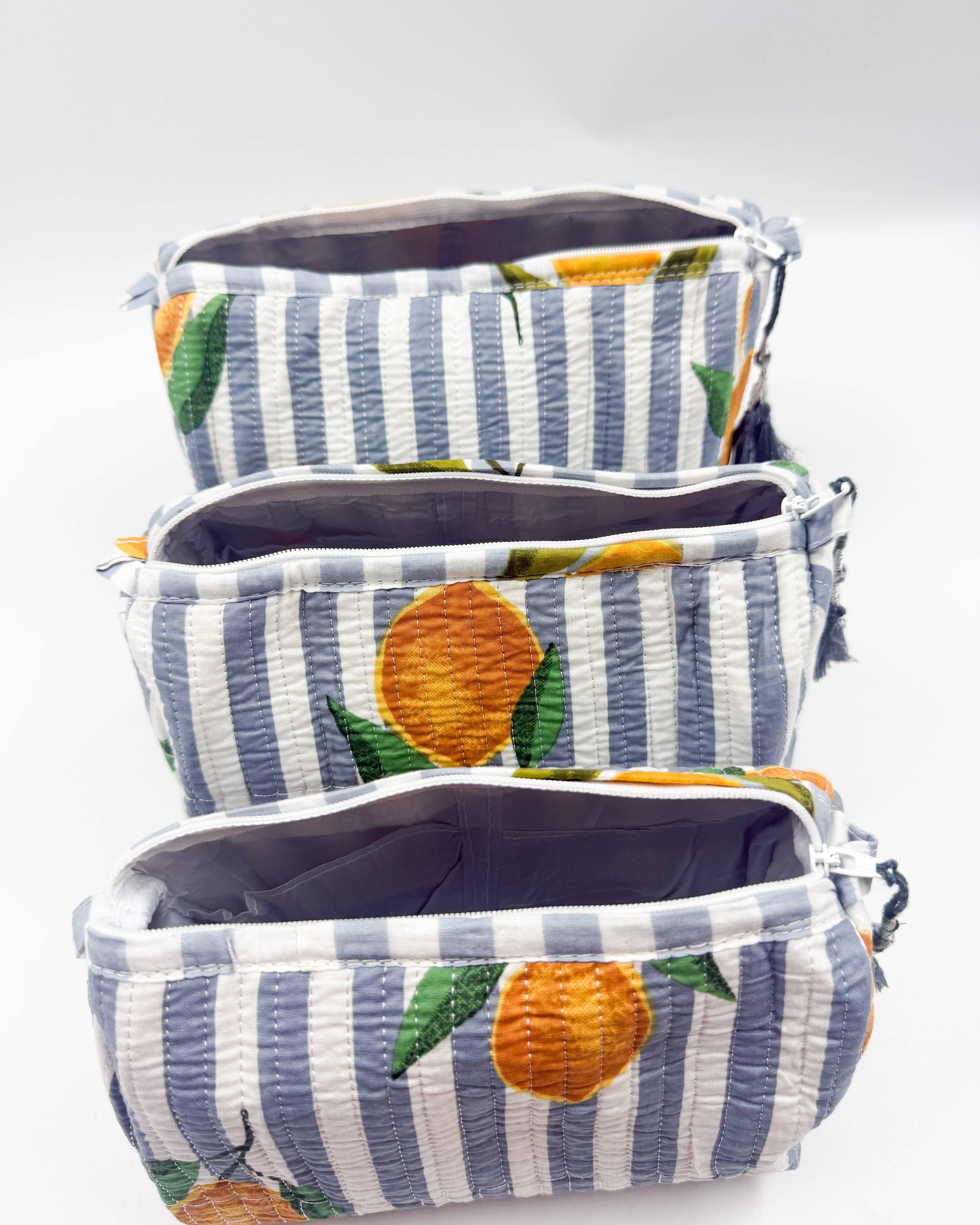 Set of Three Quilted Wash Bags with grey & white stripe with Lemon Print