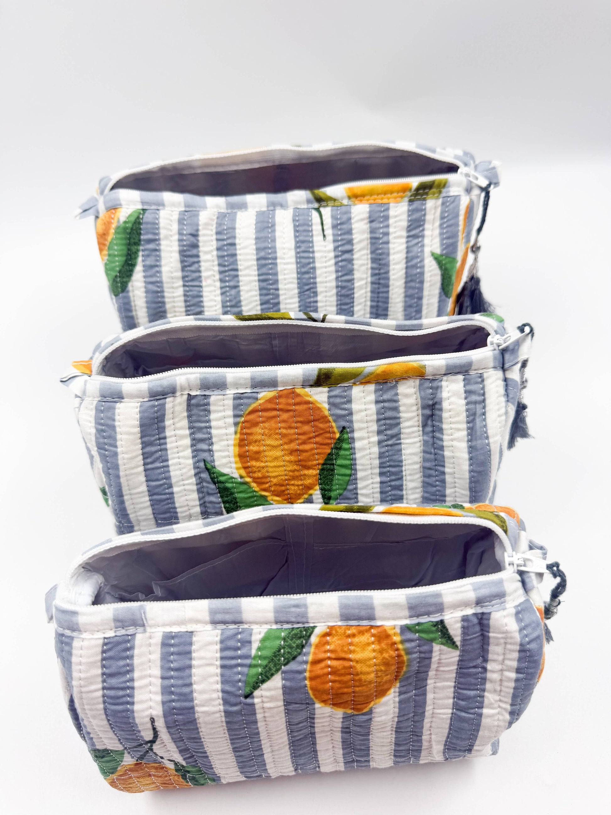 Set of Three Quilted Wash Bags with grey & white stripe with Lemon Print