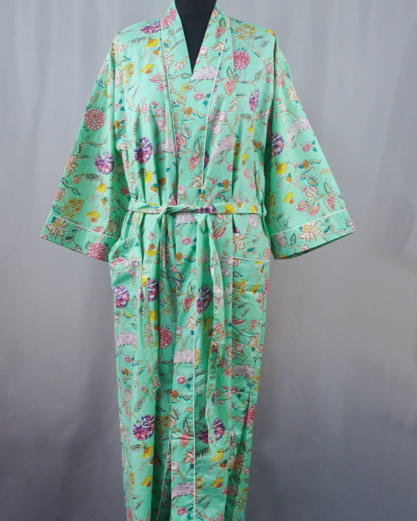 Mint Wild Flowers Womens Cotton Kimono Robe One Size
