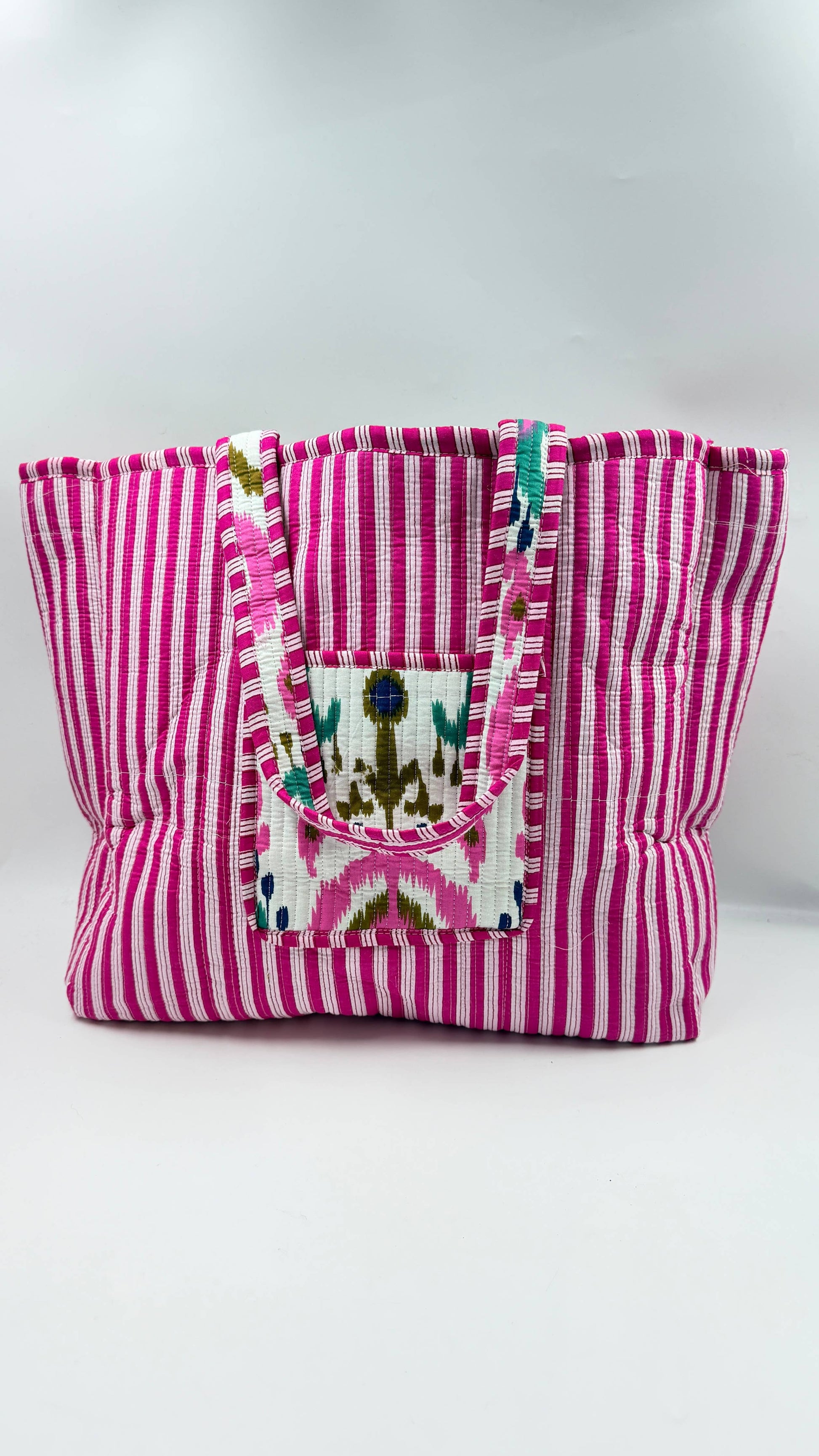 Pink Green and Blue Ikat on White Quilted Cotton Tote Bag