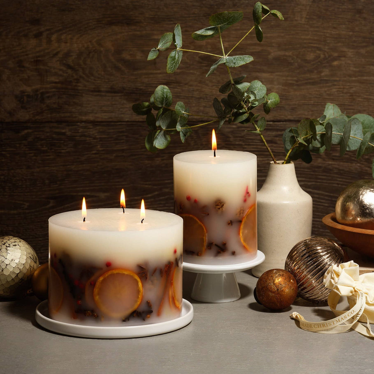 Winter Botanical Christmas Pillar Candle – 3 Wick