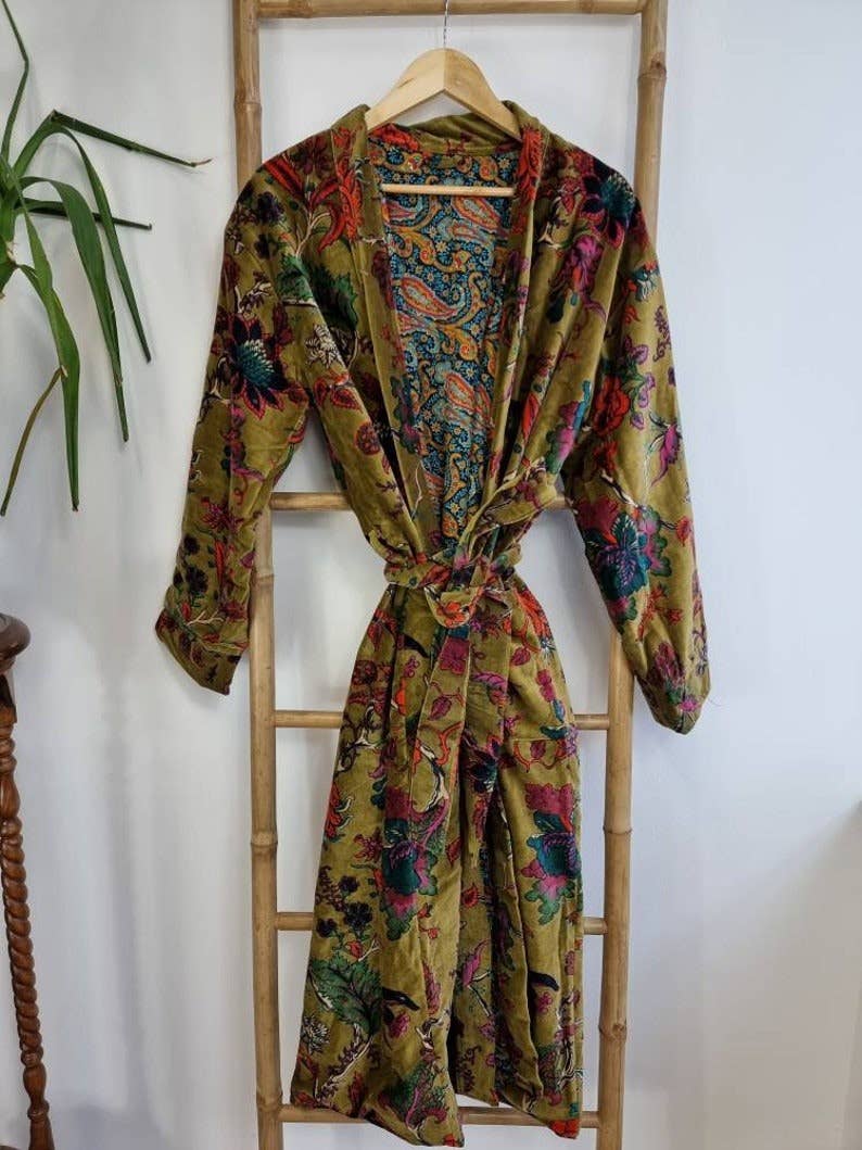 Luxury Velvet Robe Unisex - Olive green floral