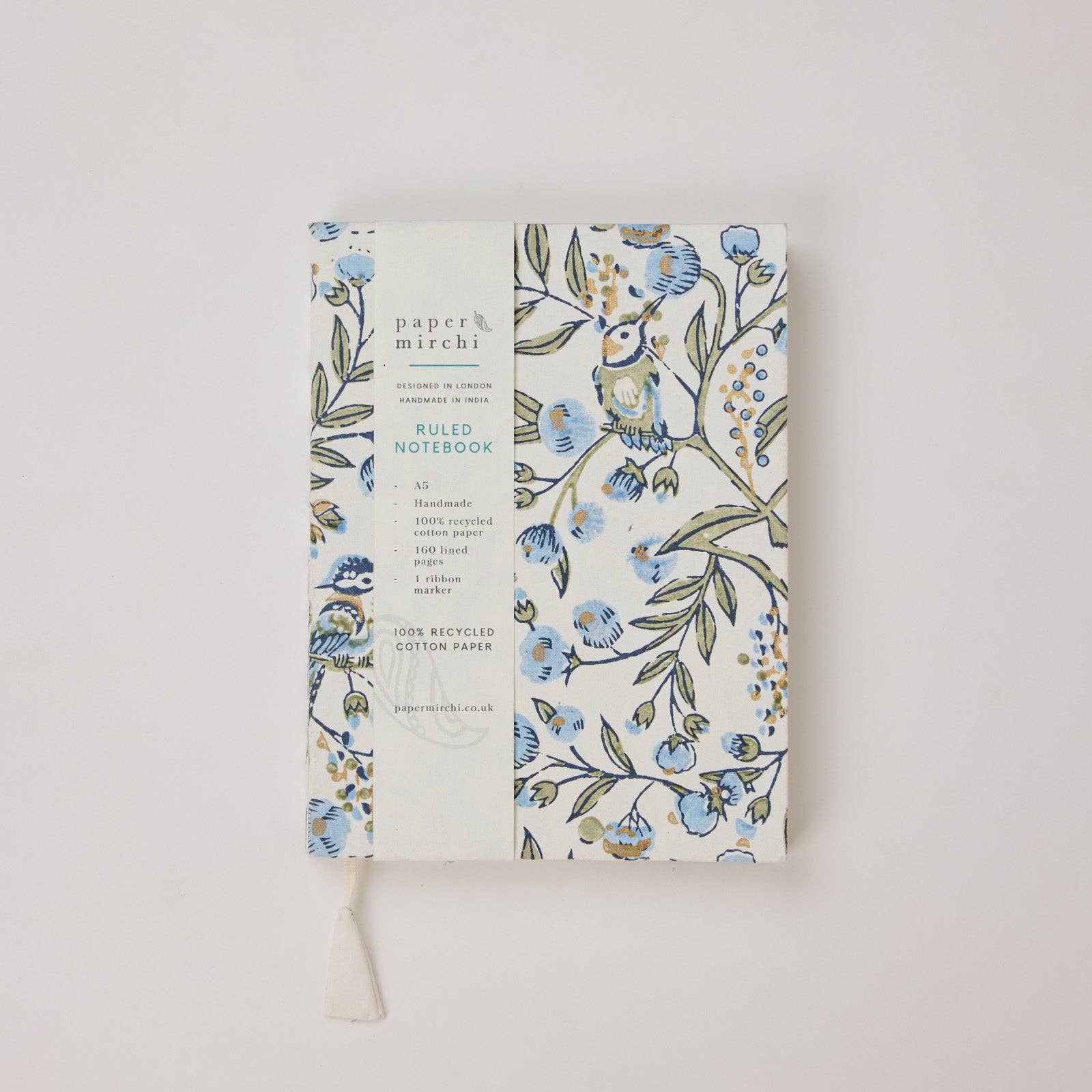 Block Printed Ruled Notebook A5 – Songbirds Blue Stone