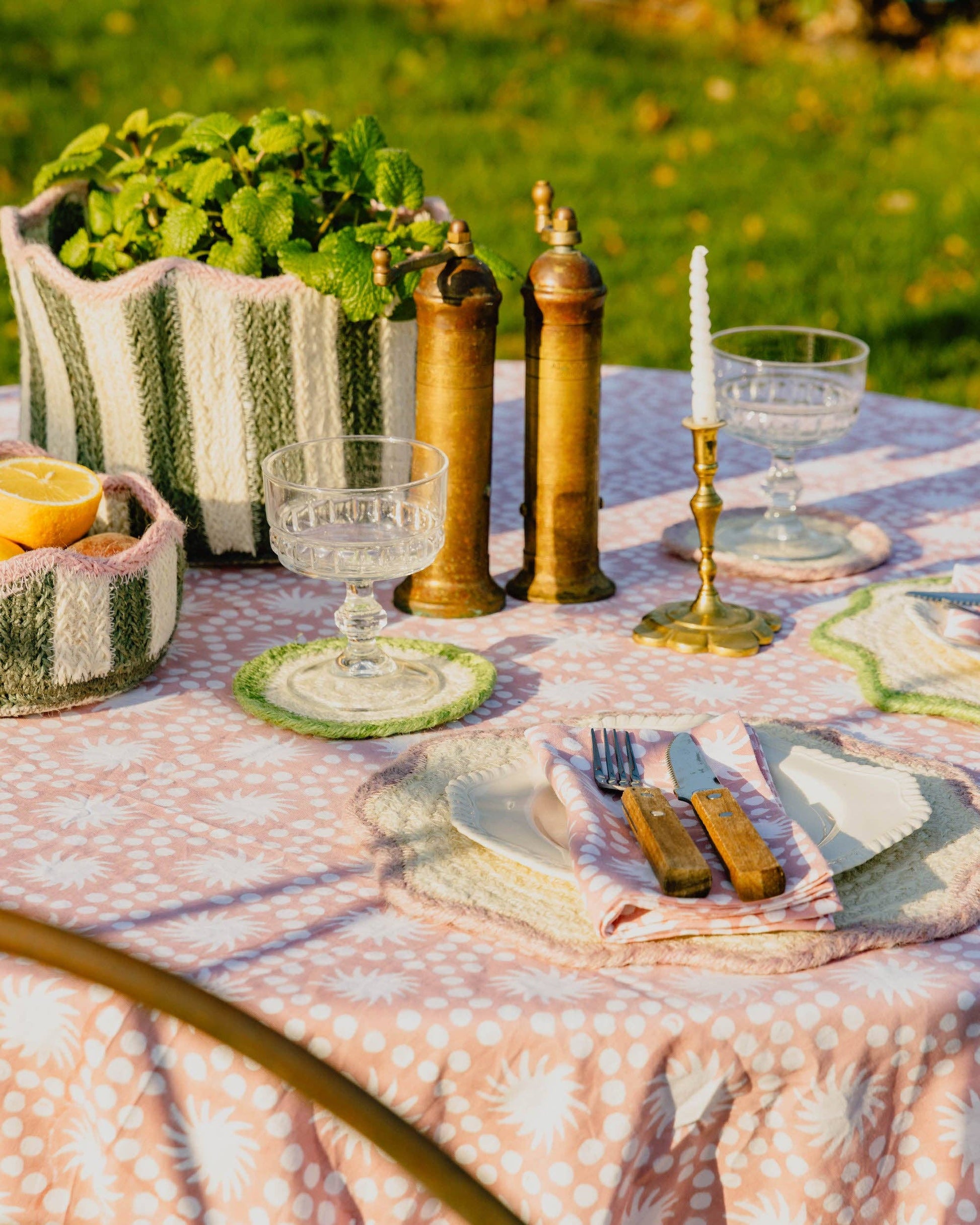 Sunburst Block Print Tablecloth Olive Green Cotton 180 x 280 cm