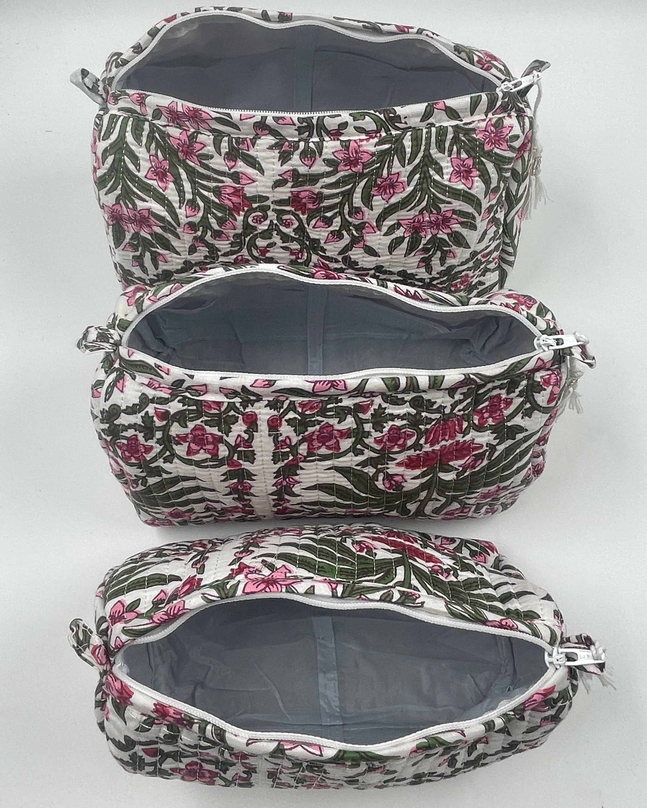 Set of Three Quilted Wash Bags with Pink and Green Floral Print