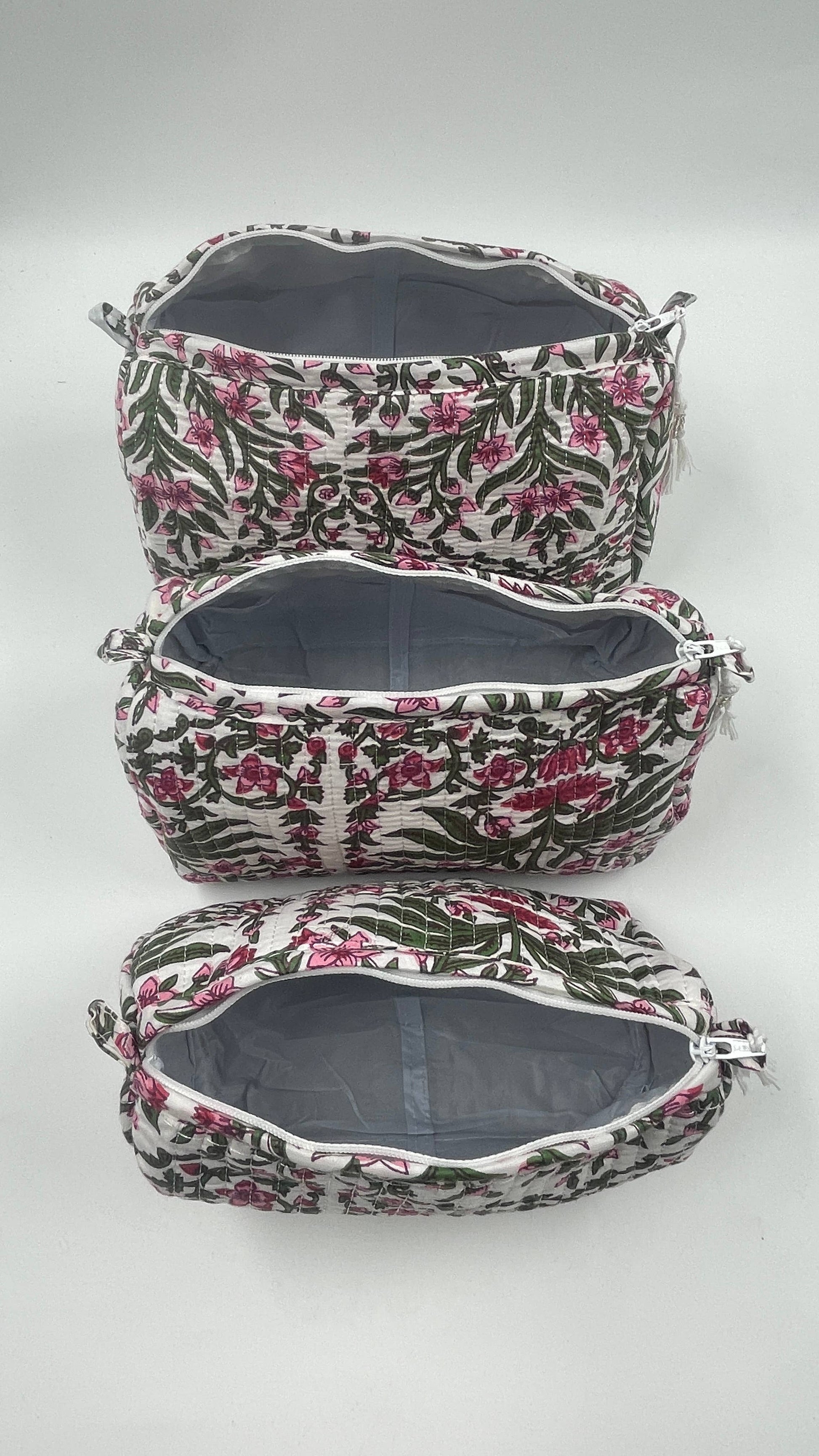 Set of Three Quilted Wash Bags with Pink and Green Floral Print