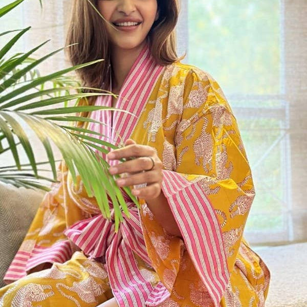 Cotton Block Print Kimono Robe in Mustard and Pink With Tiger Image