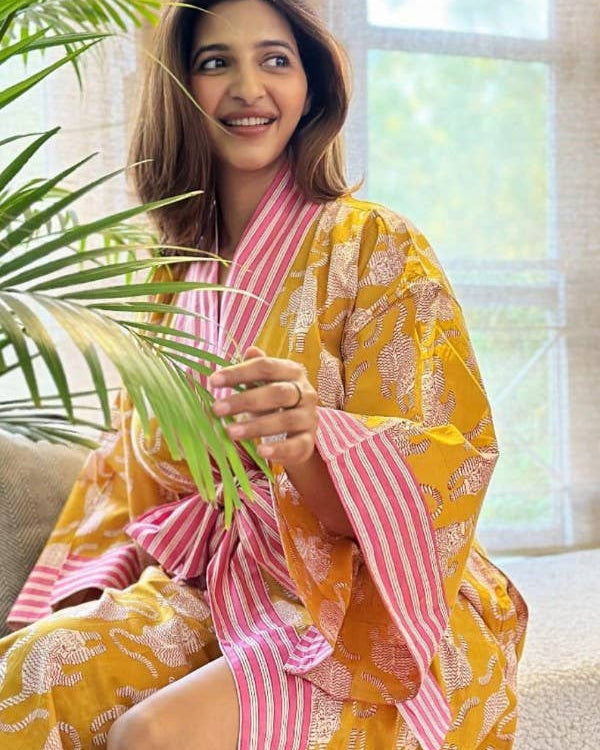 Cotton Block Print Kimono Robe in Mustard and Pink With Tiger Image