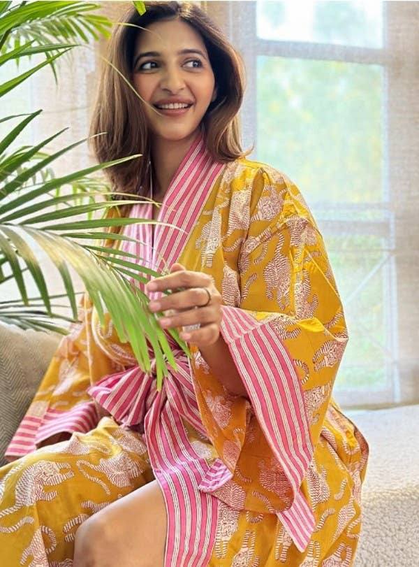 Cotton Block Print Kimono Robe in Mustard and Pink With Tiger Image