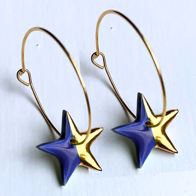 Hoop Earrings with Dark Blue Star Charms With Gold