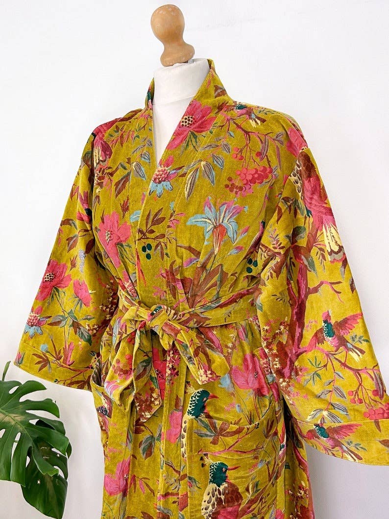 Luxury Velvet Robe Gold & Pink Exotic Birds Paradise