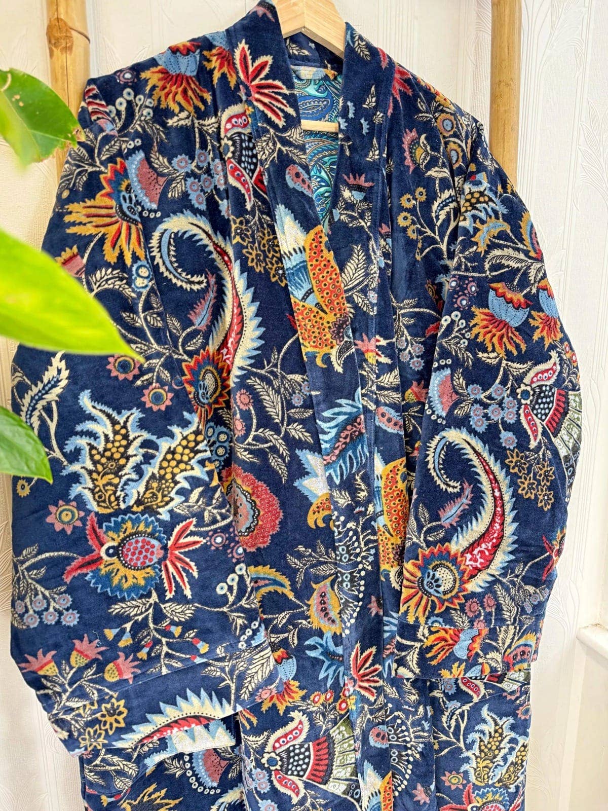 Deep Blue Luxurious Printed Velvet Robe, fully lined