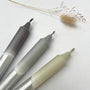 Three markers of different colors on a white surface with dried plants.