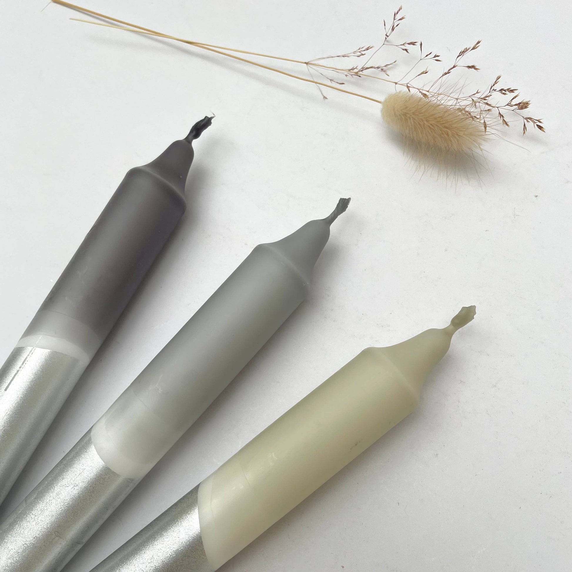 Three markers of different colors on a white surface with dried plants.