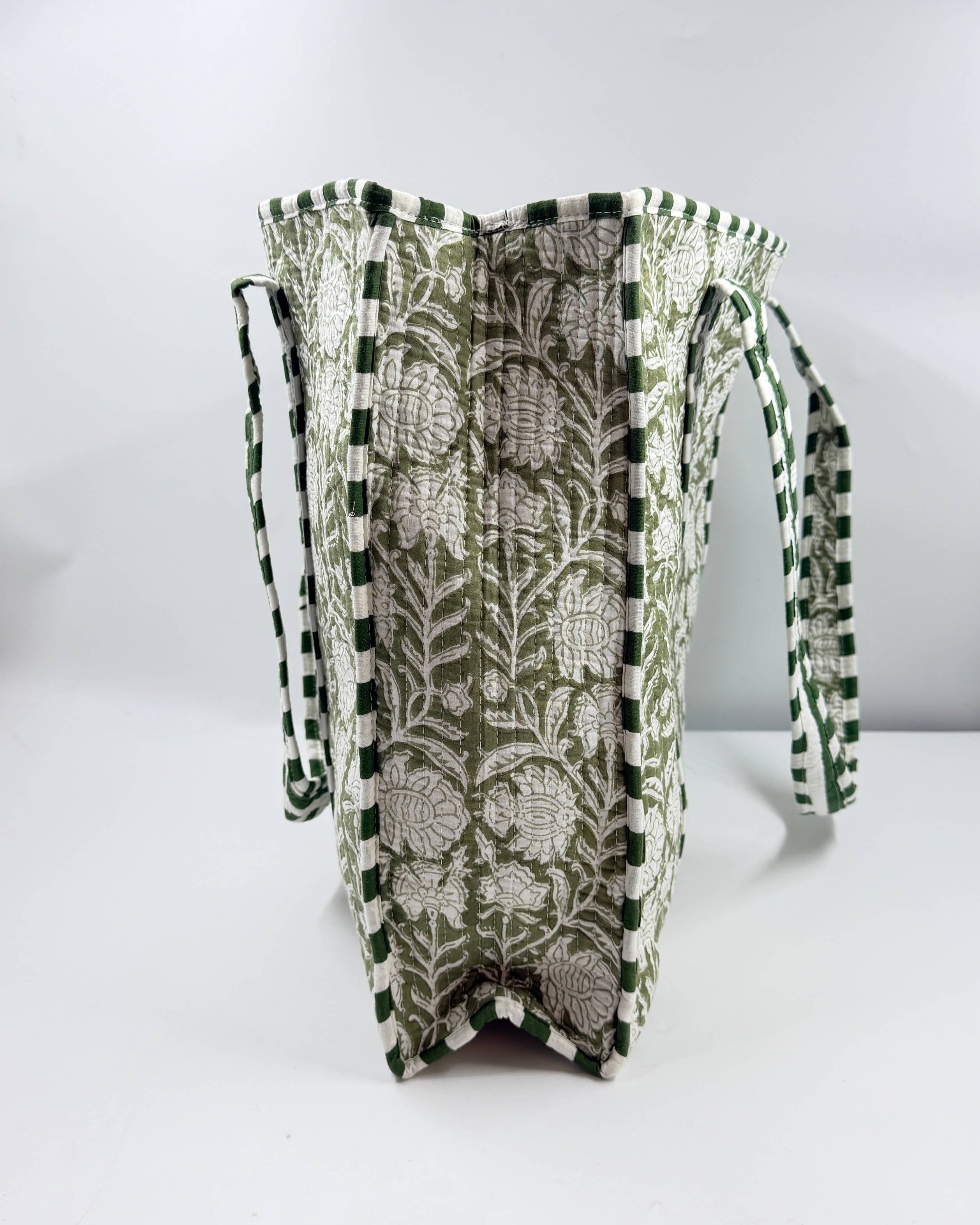 Green Floral Cotton Quilted Tote Bag Block Printed