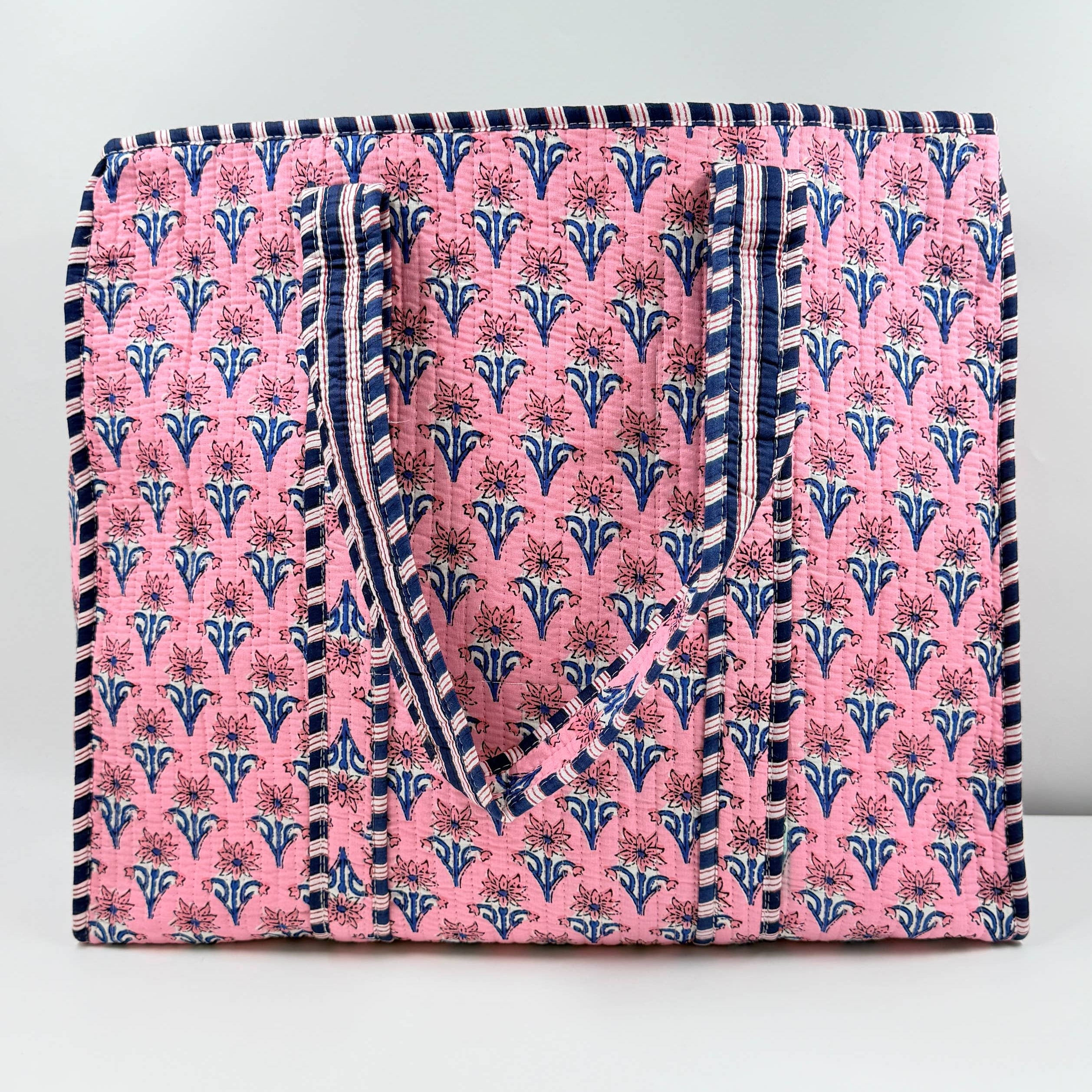Cotton Quilted Tote Bag Pink & White Floral Block Print