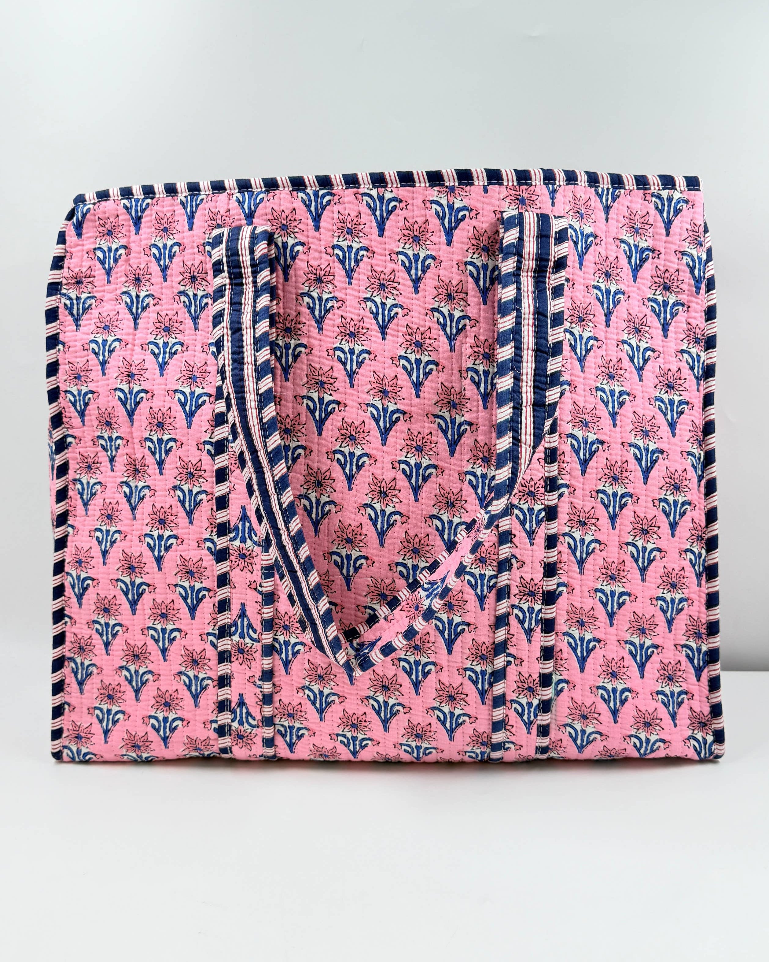 Cotton Quilted Tote Bag Pink & White Floral Block Print