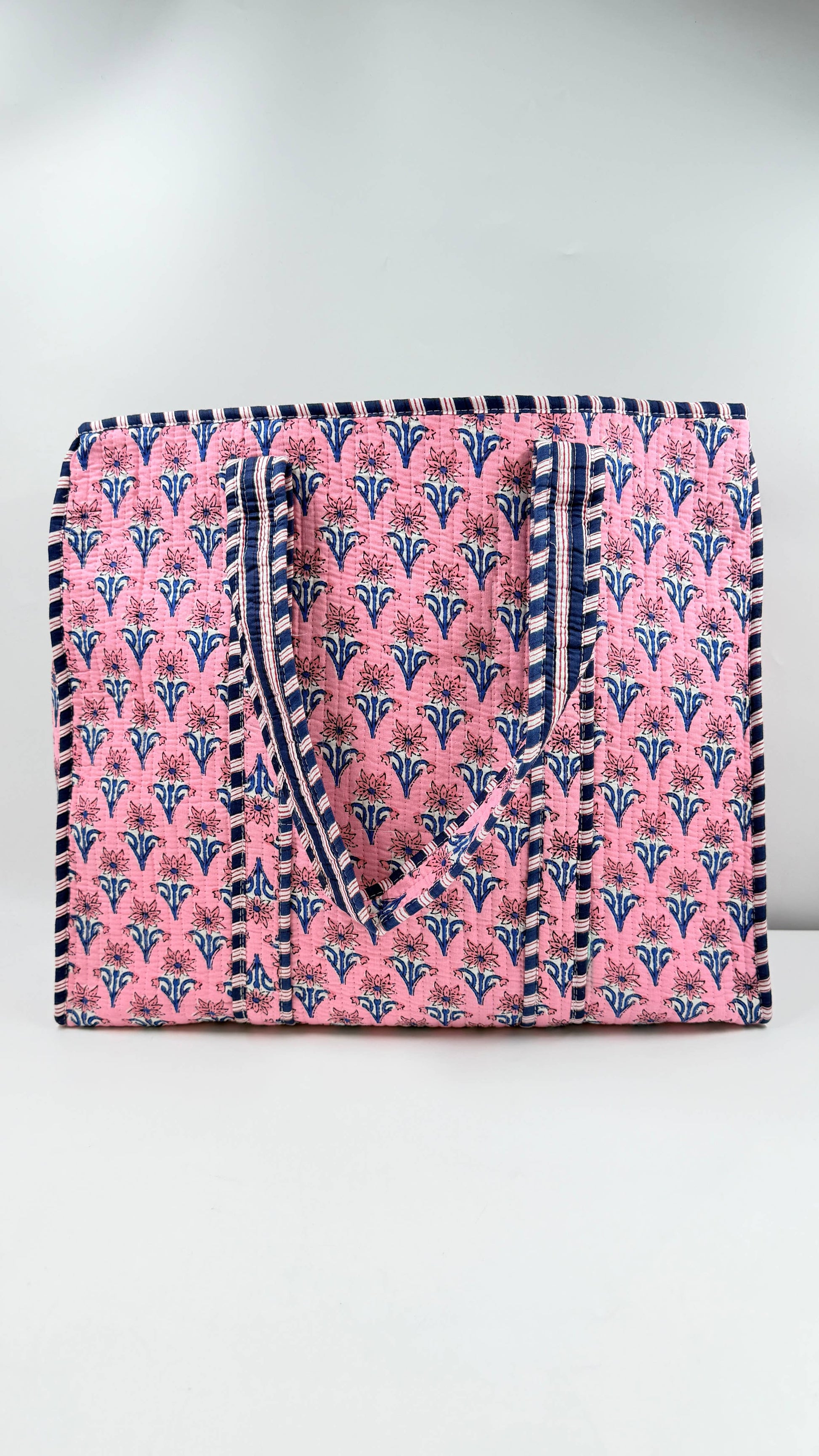 Cotton Quilted Tote Bag Pink & White Floral Block Print