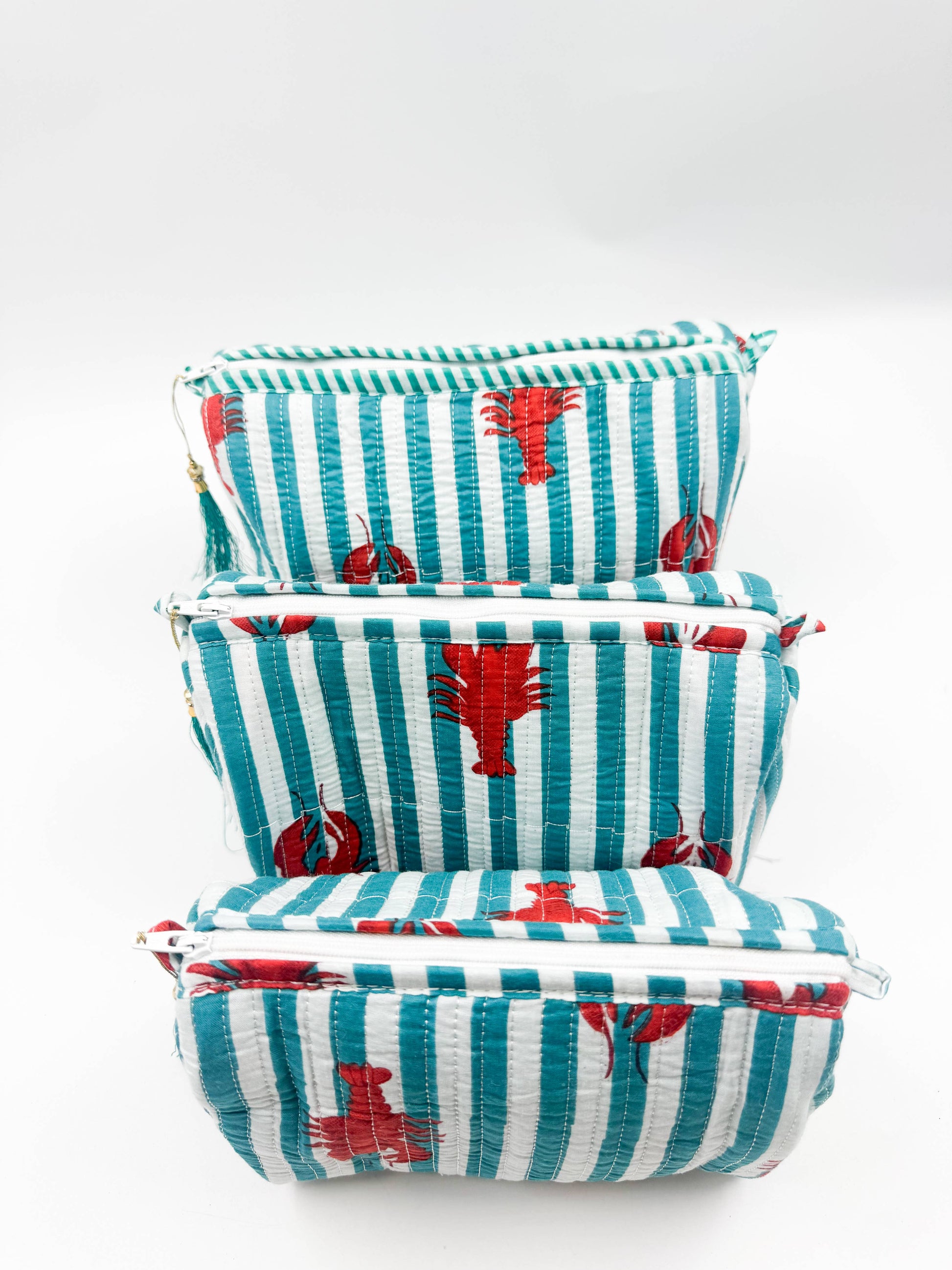 Set of Three Quilted Wash Bags with Turquoise & White Stripe Lobster Print
