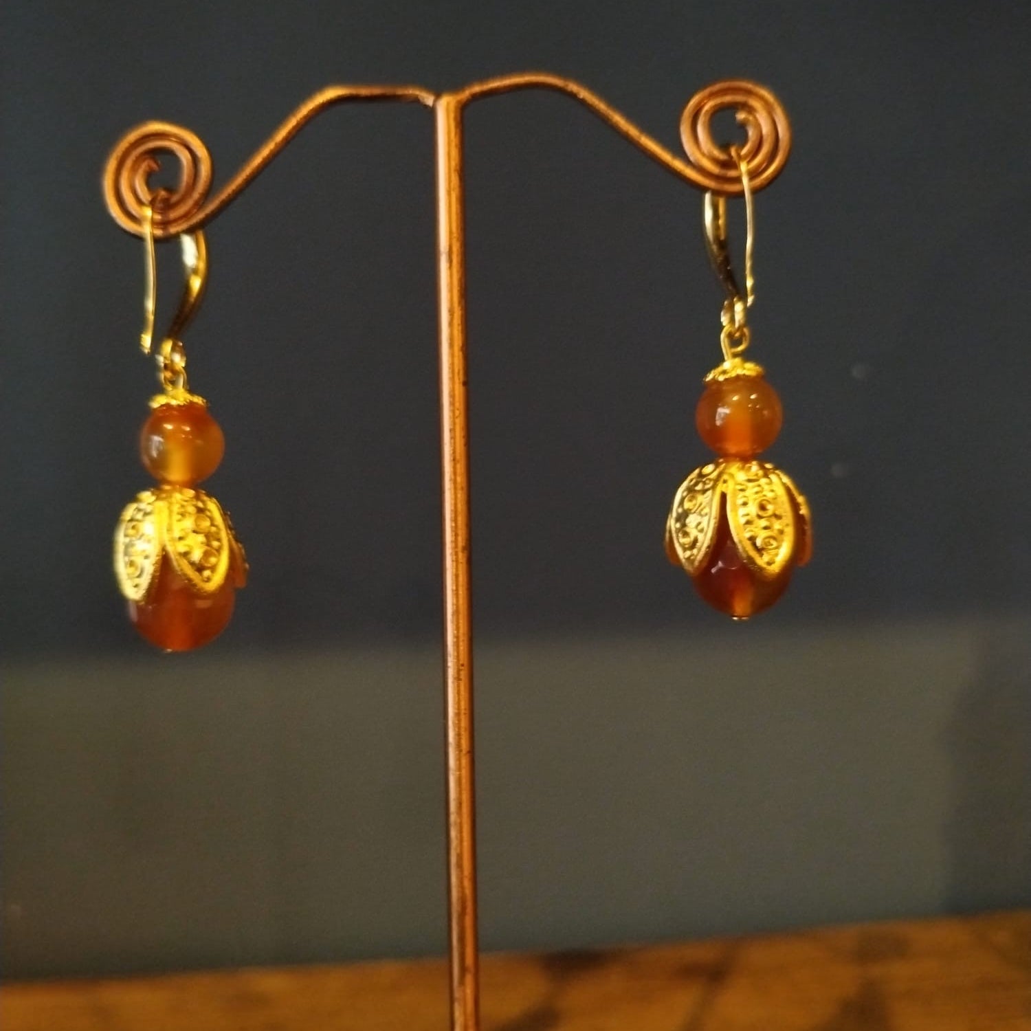 Orange Carnelian & Gold Bud Earrings