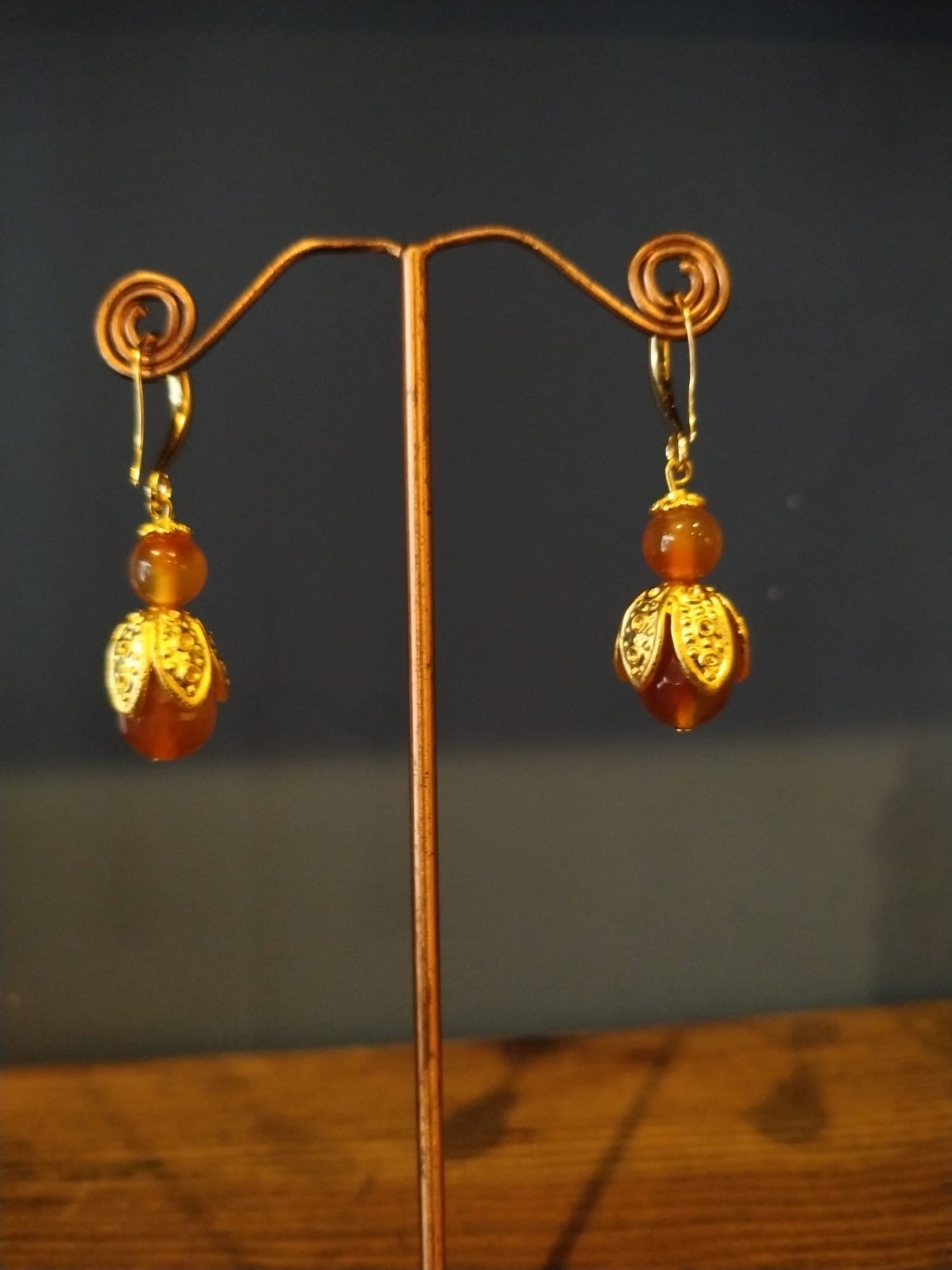 Orange Carnelian & Gold Bud Earrings