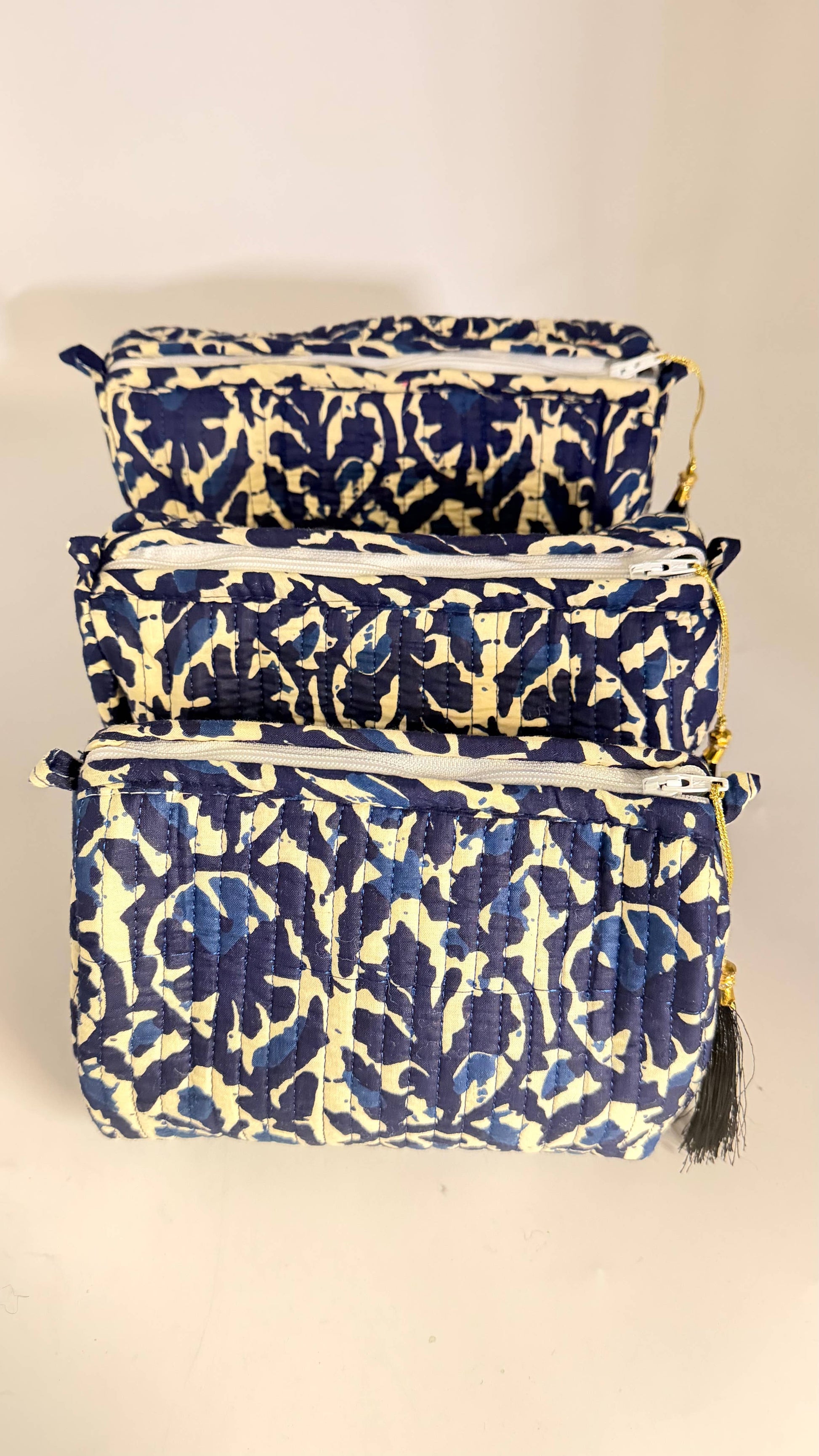 Set of Three Quilted Wash Bags with Blue and White Print