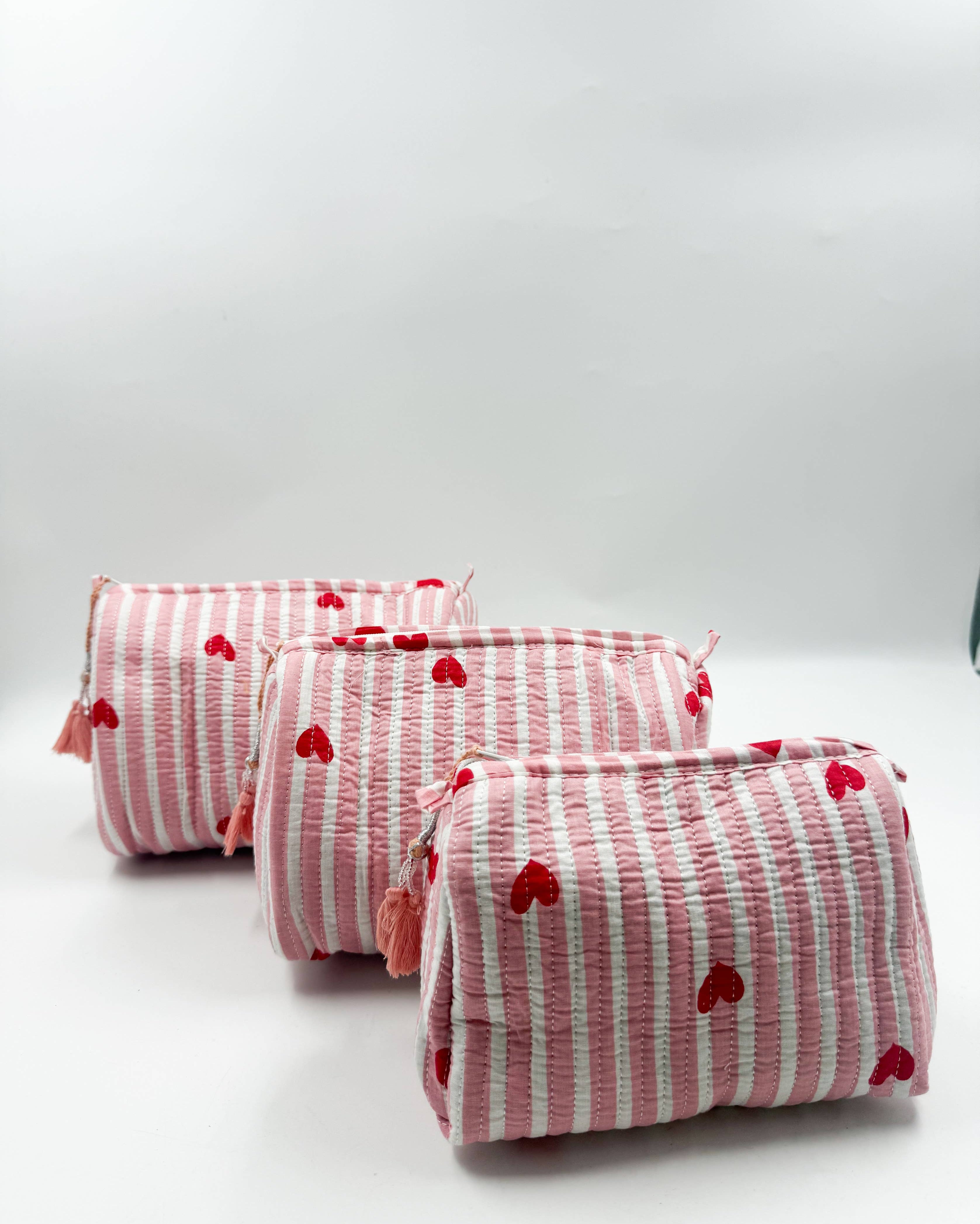 Set of Three Quilted Wash Bags with Pink Stripe Heart Print