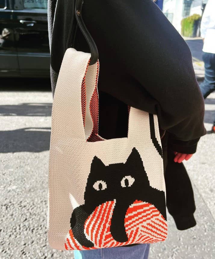 Cat Knitted Tote Bag with Red Yarn Ball