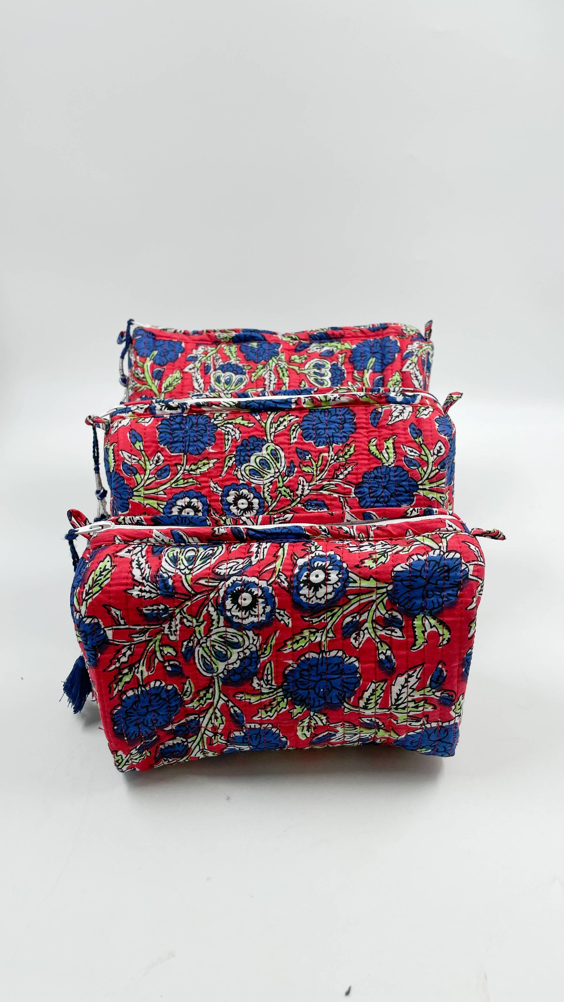 Red & Deep Blue Floral Quilted Wash / Makeup Bag Set (Set of 3)