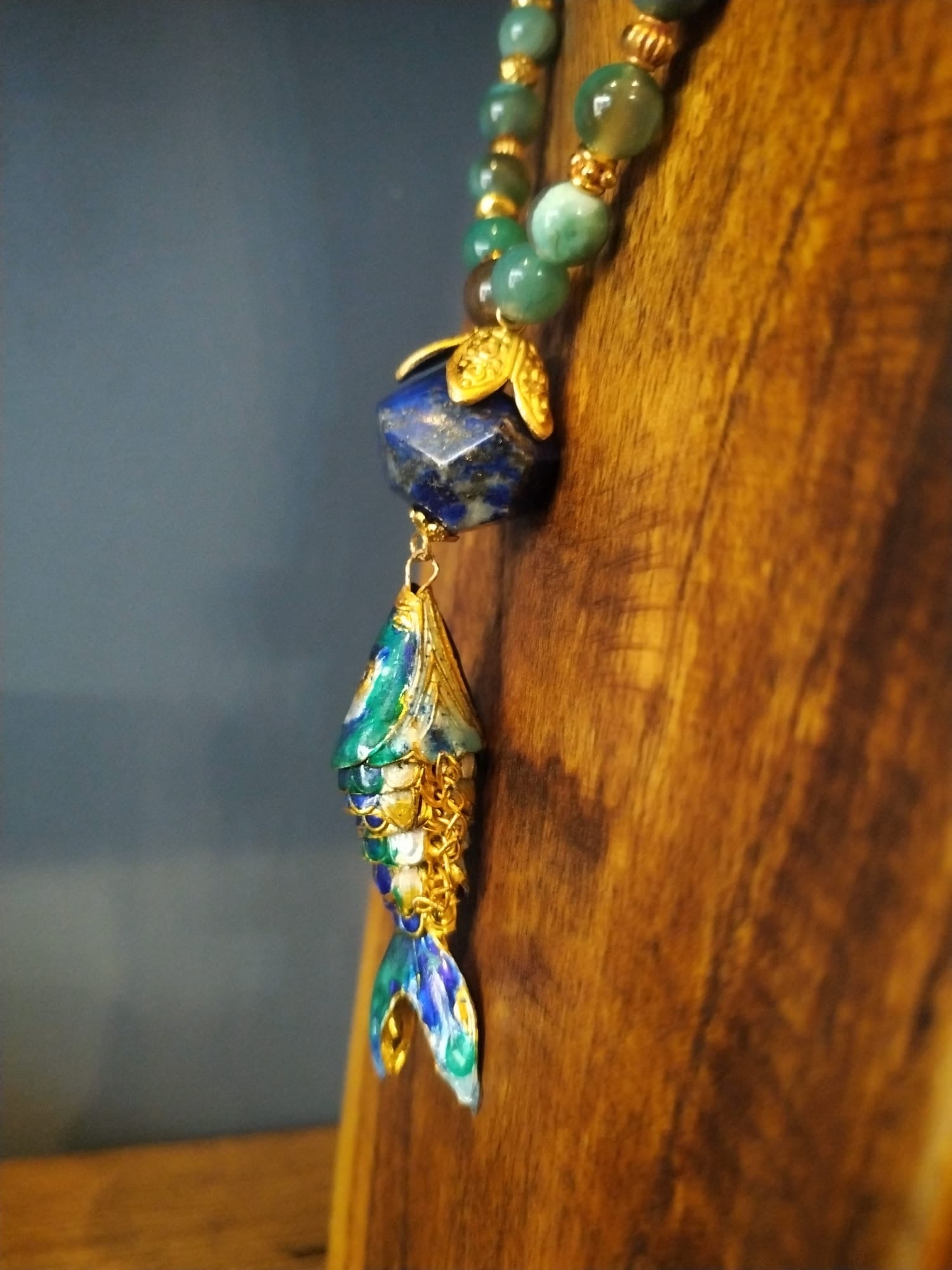 Long Lapis And Agate Bead Necklace With Enamel Fish Charm