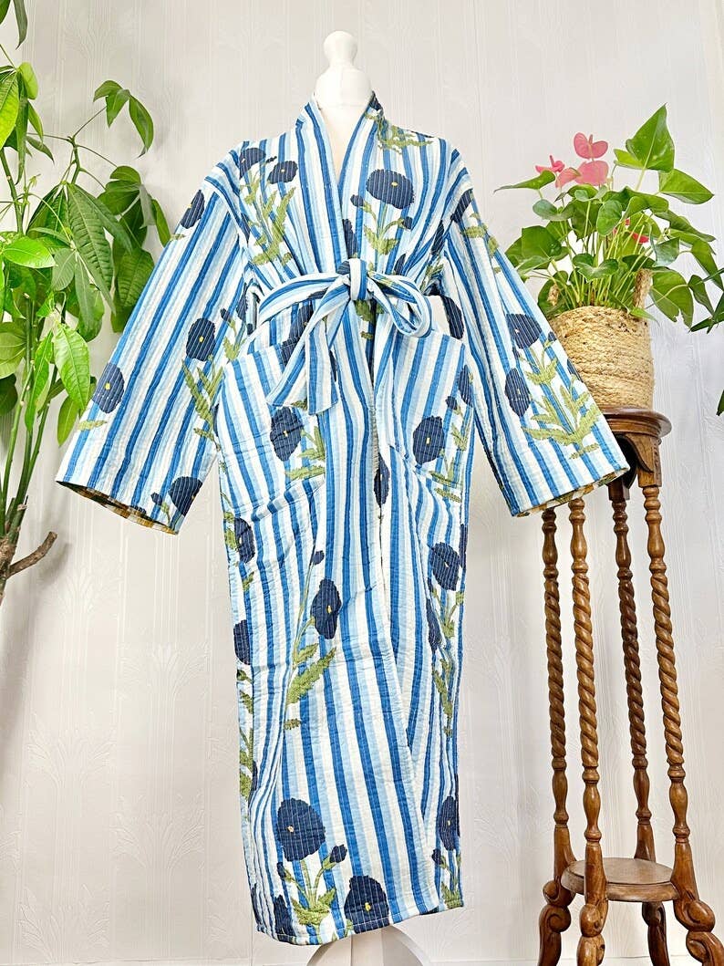 Quilted Cotton Reversible blue & yellow  floral Kimono Robe UK 10 16