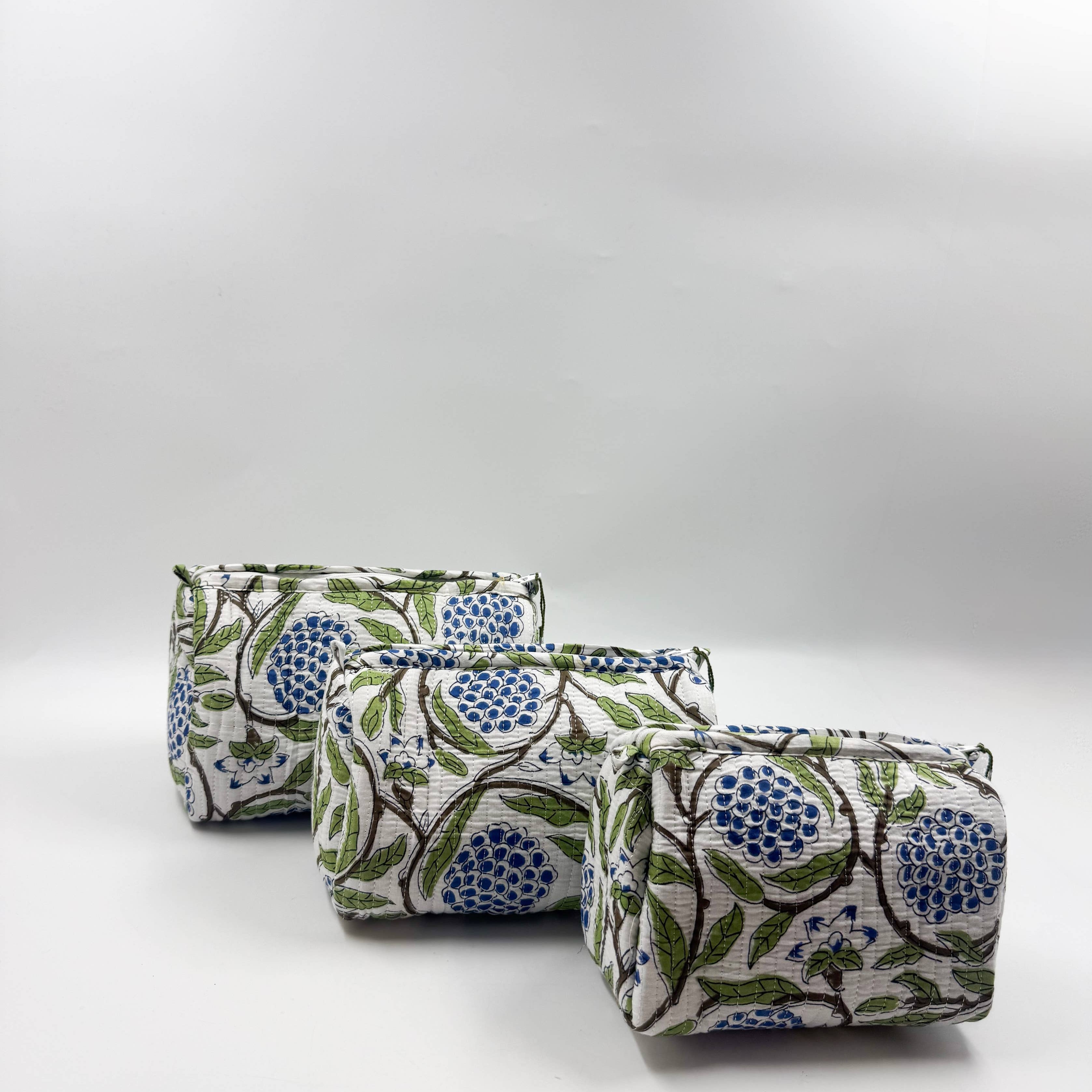 Set of Three Quilted Wash Bags with Blue Floral Vine Print