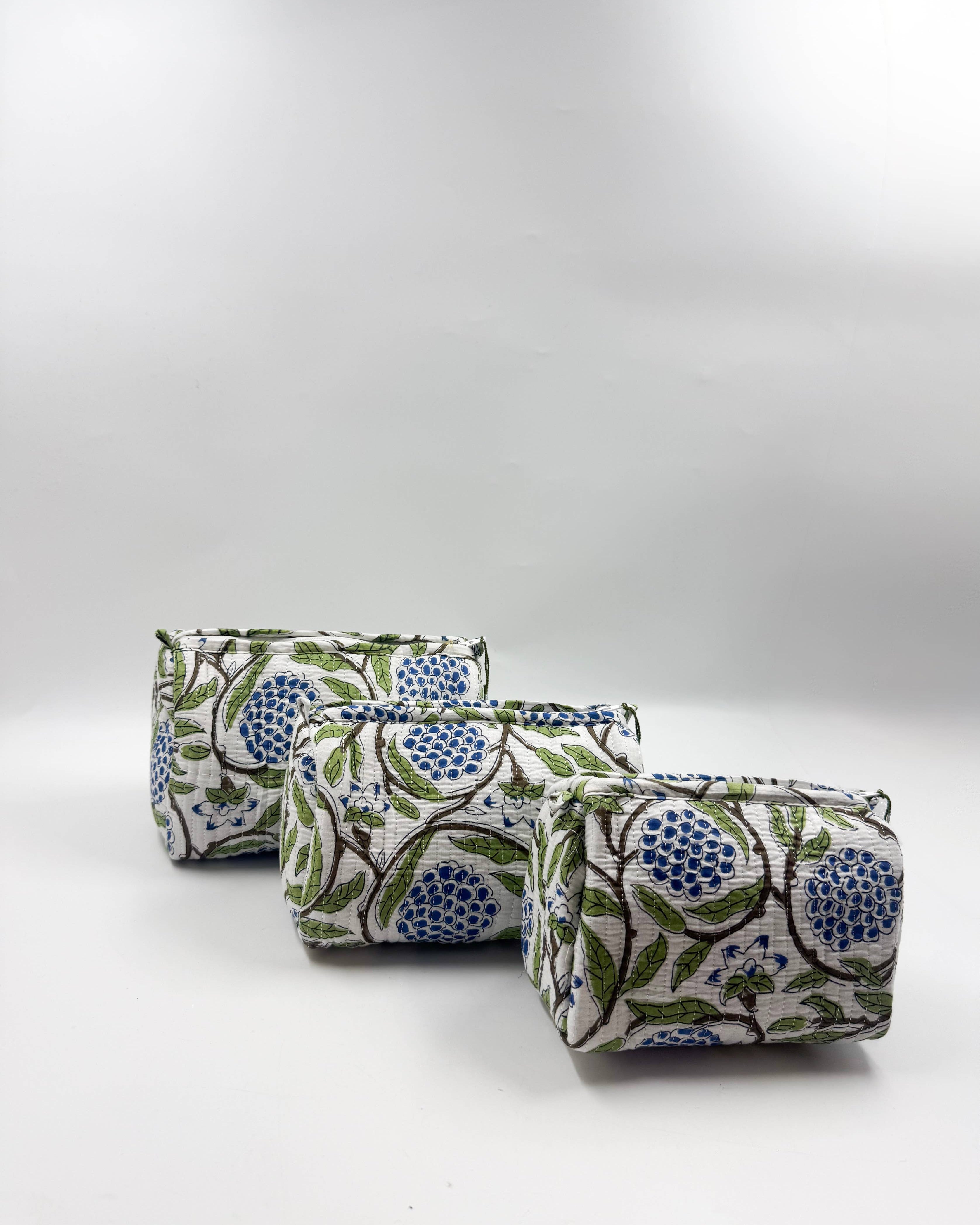 Set of Three Quilted Wash Bags with Blue Floral Vine Print