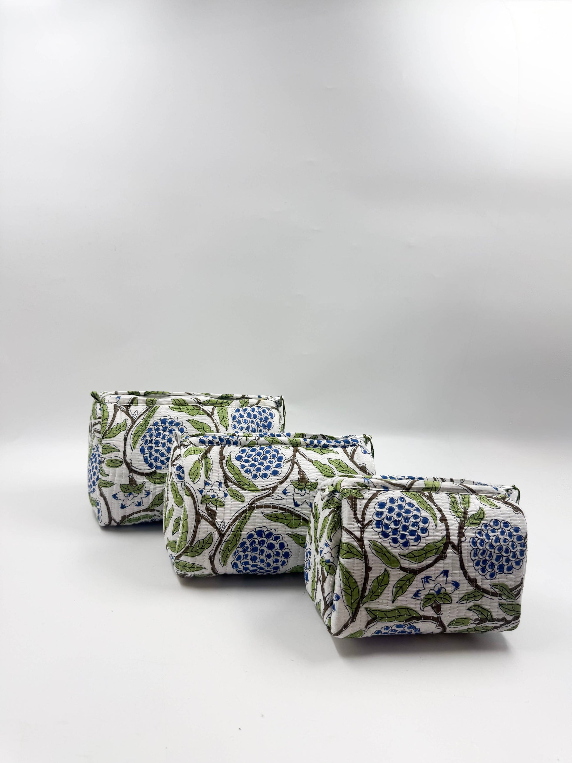 Set of Three Quilted Wash Bags with Blue Floral Vine Print