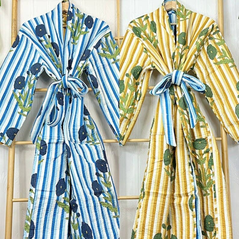 Quilted Cotton Reversible blue & yellow  floral Kimono Robe UK 10 16
