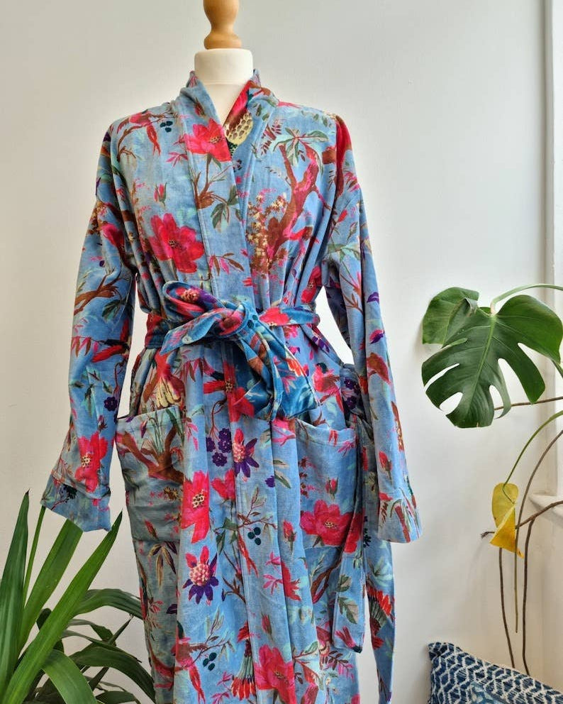 Luxury Velvet Robe  - iced Blue Birds