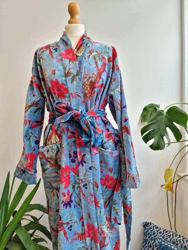 Luxury Velvet Robe  - iced Blue Birds
